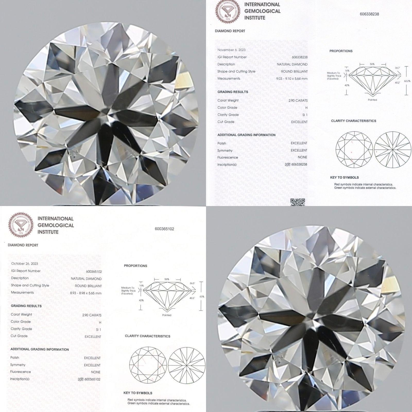 An exquisite pair of earrings with two GIA Certified Natural Diamonds, in perfect round brilliant cut , 2,90 carats + 2,90 carats, H color SI1 clarity, very sparkly .
Complete with GIA reports.

Whosale price.