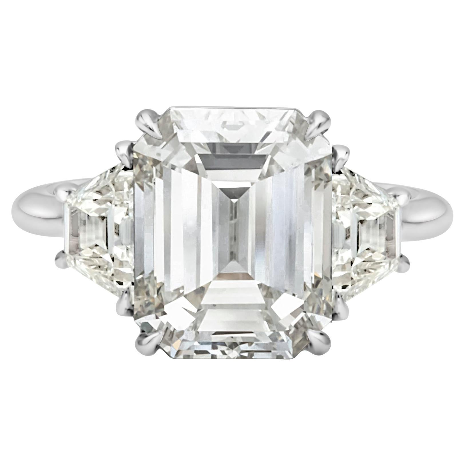 GIA Certified 5.81 Carats Emerald Cut Diamond Three Stone Engagement Ring
