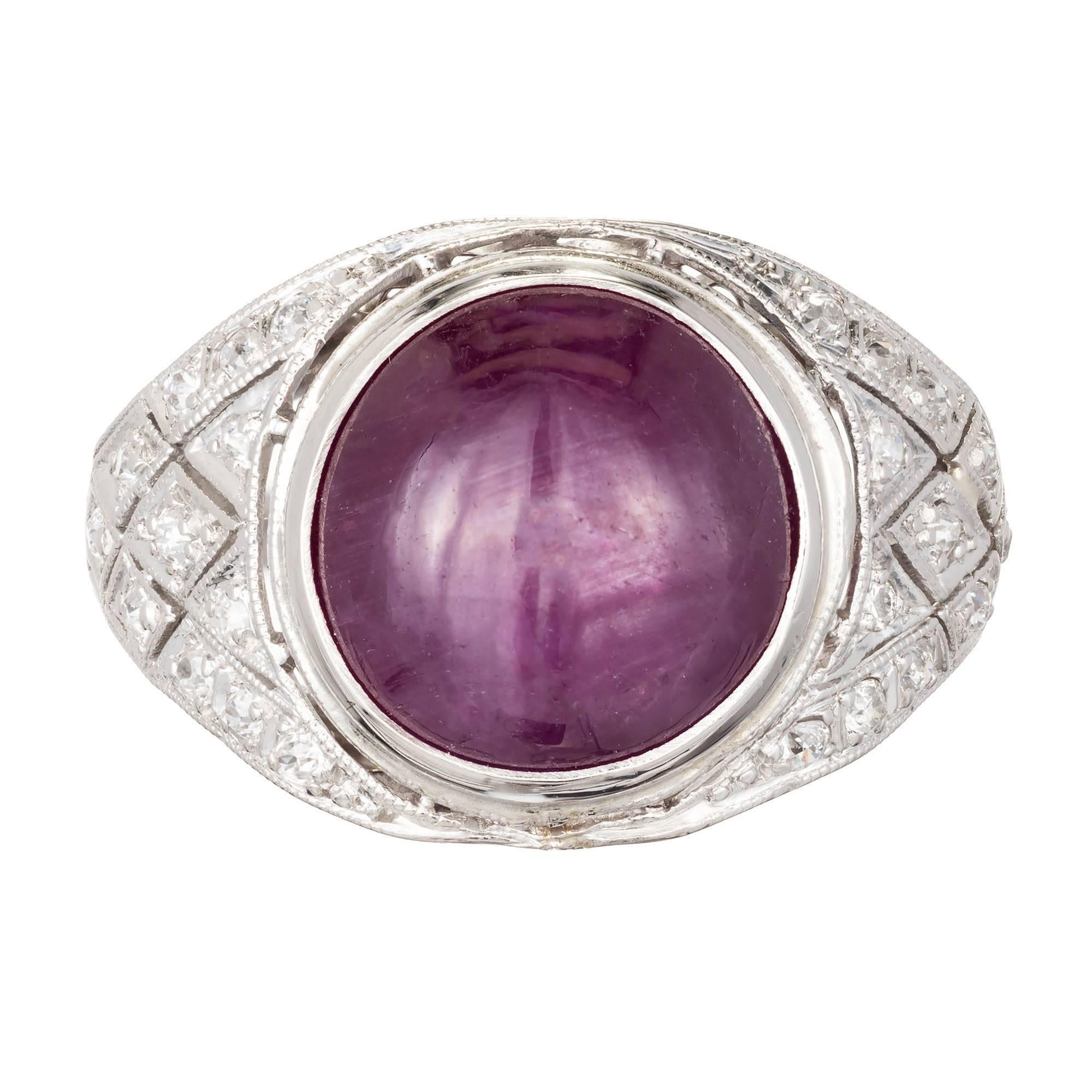 Art Deco all original 5.85ct star sapphire diamond dome ring circa 1920s. GIA certified all natural purplish red star Ruby center in a platinum and diamond setting. 

1 round purple red translucent star Ruby, approx. total weight 5.85ct, 10.60 x