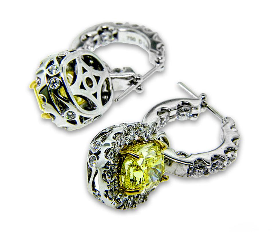 Contemporary GIA Certified 5.86 Carat Fancy Intense Yellow or VS2 Diamond Earrings