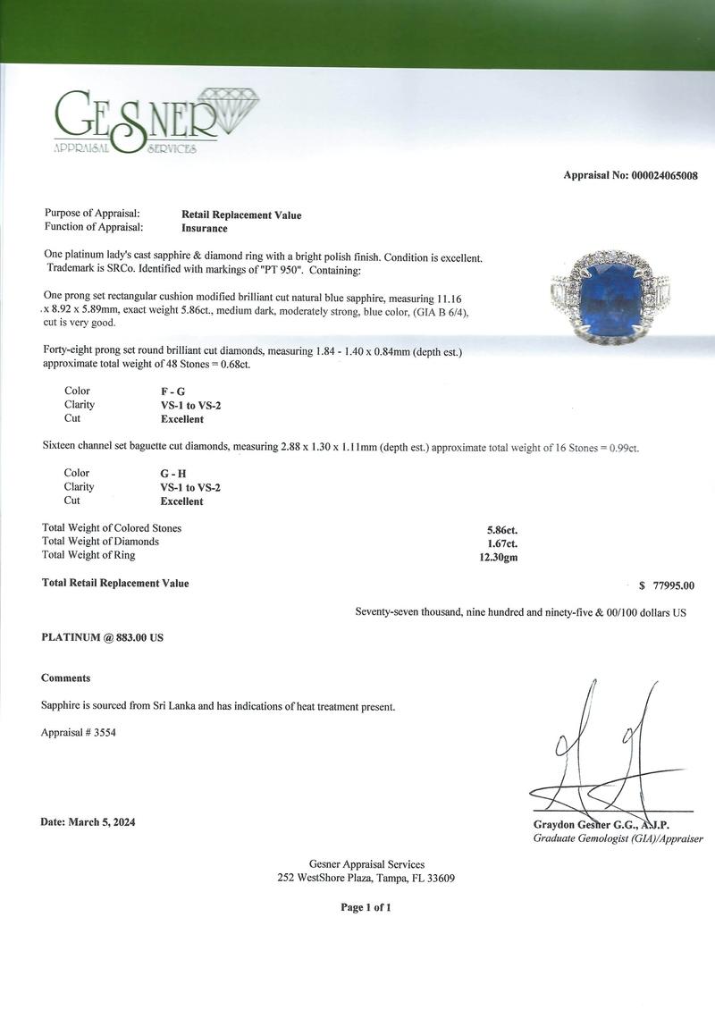 GIA-zertifizierter Platin-Saphirring mit 5,86 Karat Platin-Saphir - Ceylon perfekter blauer Saphir  im Angebot 5