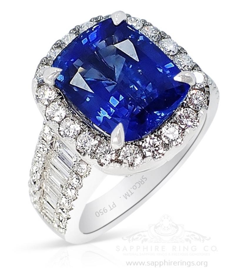 This new Platinum Ceylon sapphire ring contains a near-perfect transparent, modified, brilliant, natural cushion cut of blue sapphire measuring 11.16 x 8.92 x 5.89 mm and weighing 5.86 carat. Type II. Medium dark, moderately strong, blue color GIA B