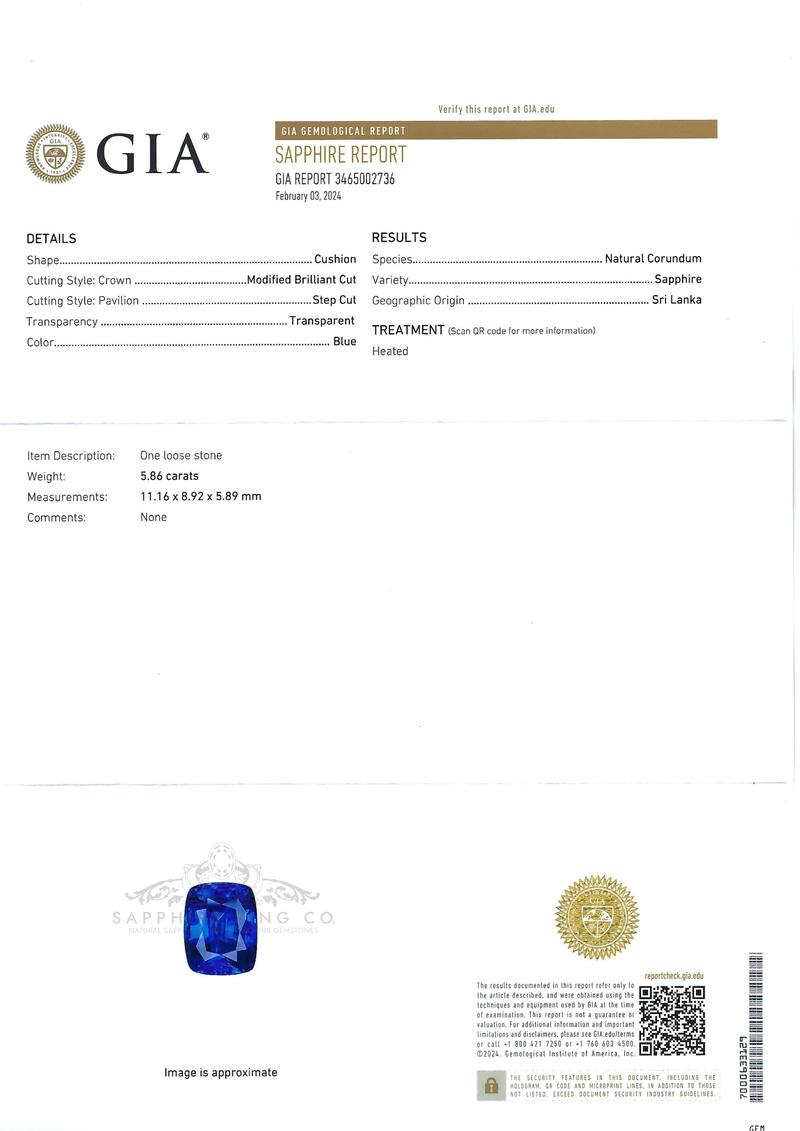 Contemporary GIA Certified 5.86 ct Platinum Sapphire Ring - Ceylon Perfect Blue Sapphire  For Sale