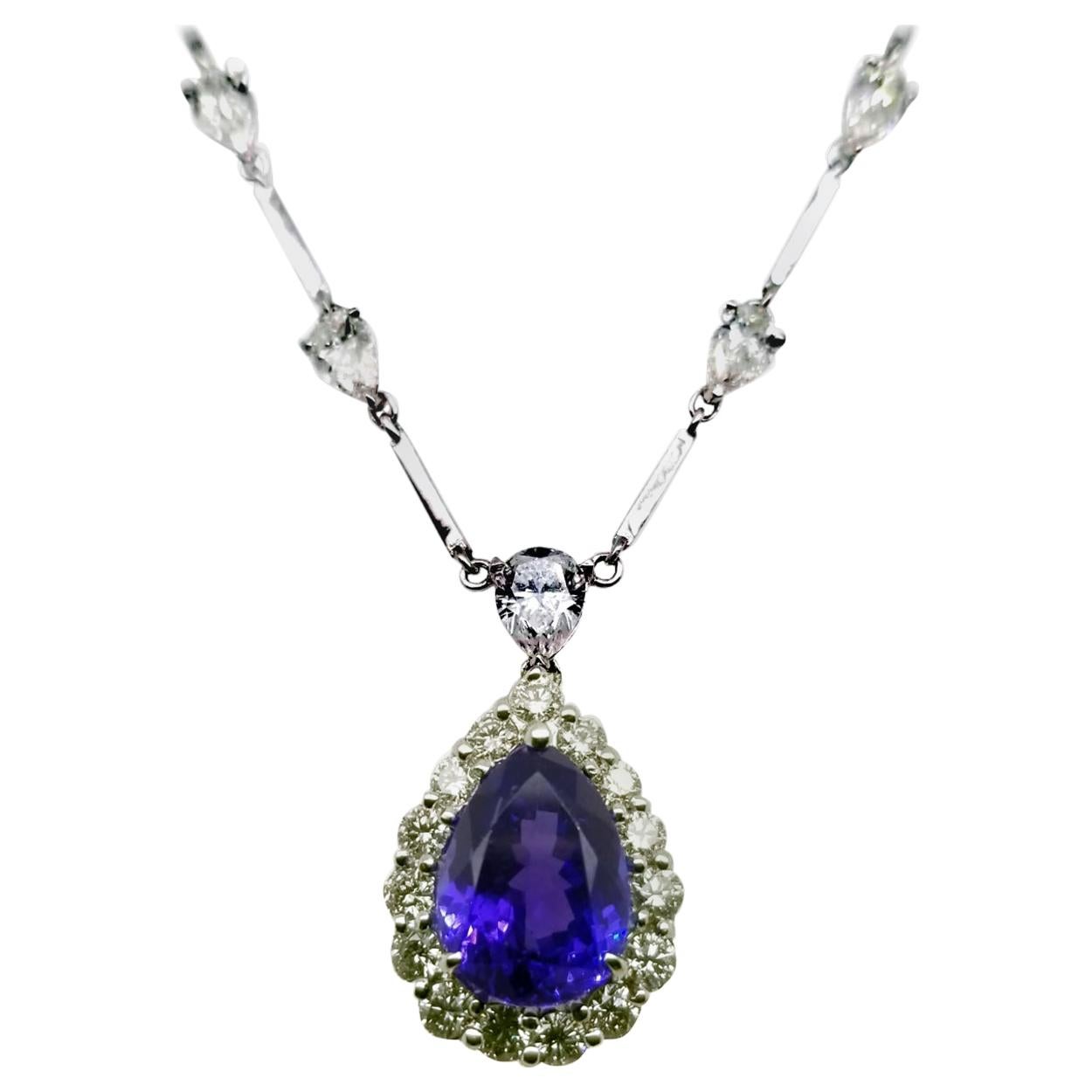 GIA Certified 5.87 Carat Pear Shape Tanzanite Necklace with 5.75 Carat Diamonds For Sale