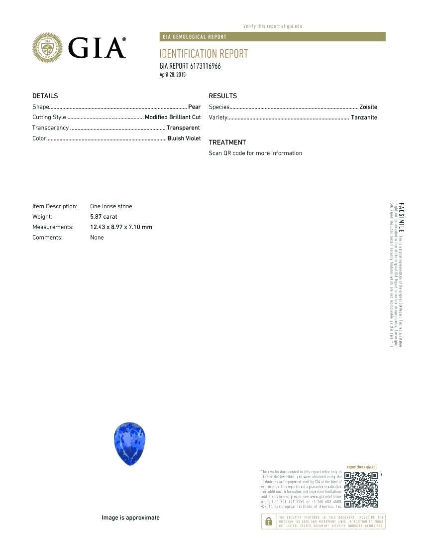 Collana di tanzanite a forma di pera certificata GIA da 5,87 carati con 5,75 carati di diamanti In condizioni Nuovo in vendita a Los Angeles, CA