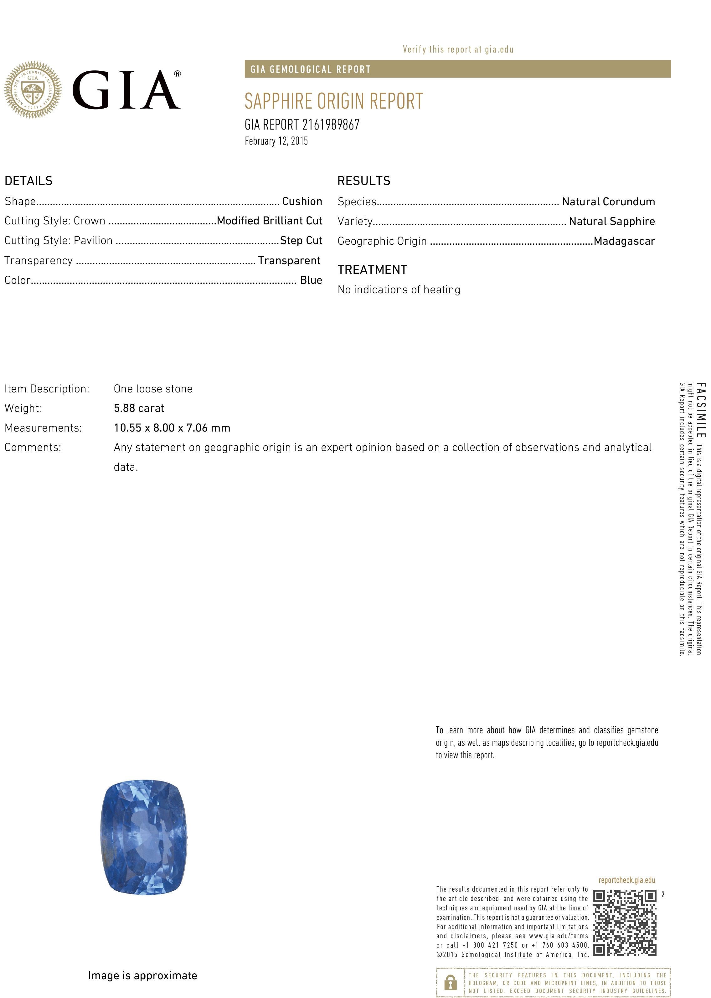 Delicately crafted in platinum, this exquisite ring showcases a GIA-certified cushion-cut blue sapphire weighing 5.88 carats. Untreated and originating from Madagascar, the sapphire displays a natural beauty that is both rare and sought after.