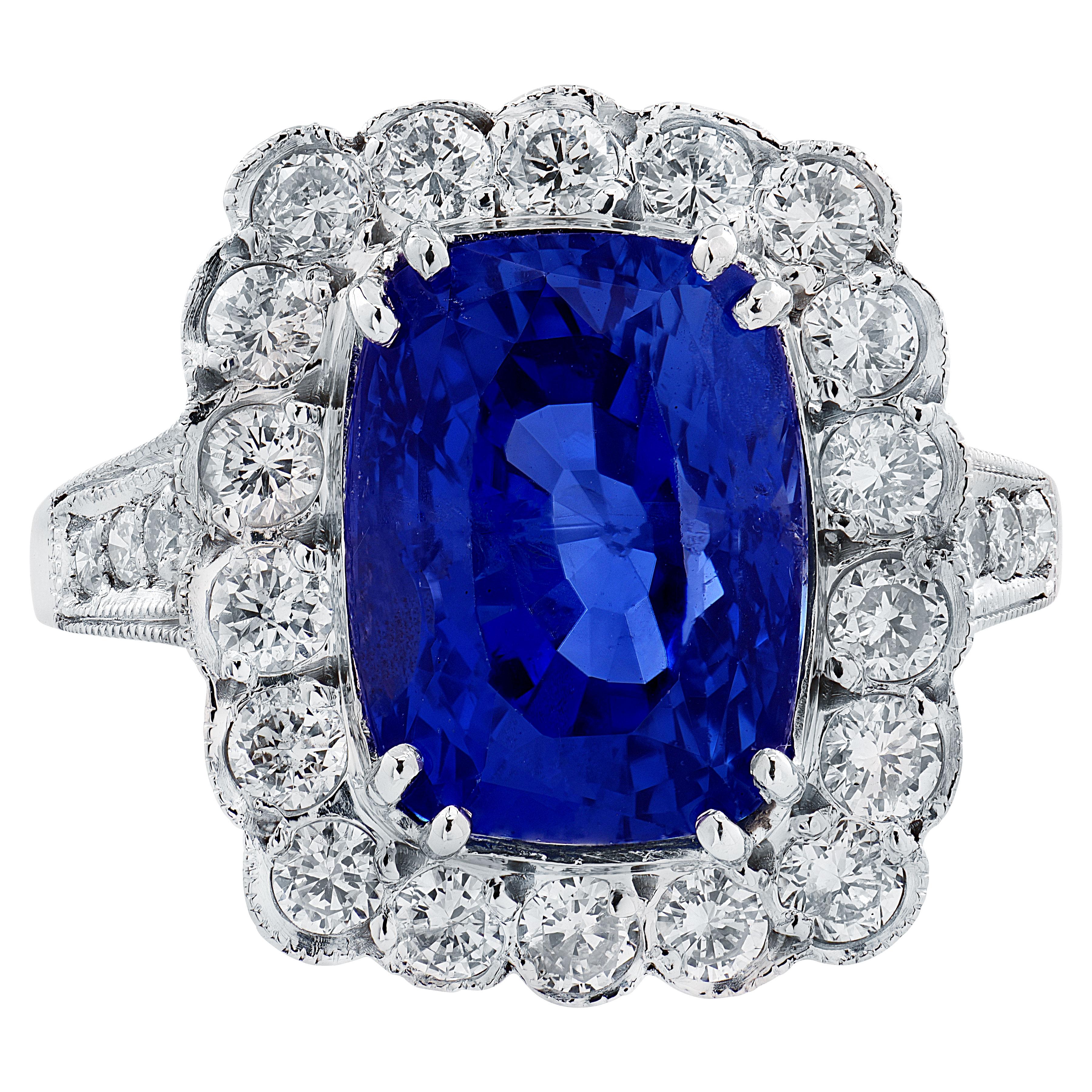 GIA Certified 5.88 Carat No Heat Sapphire & Diamond Ring (Kissenschliff) im Angebot