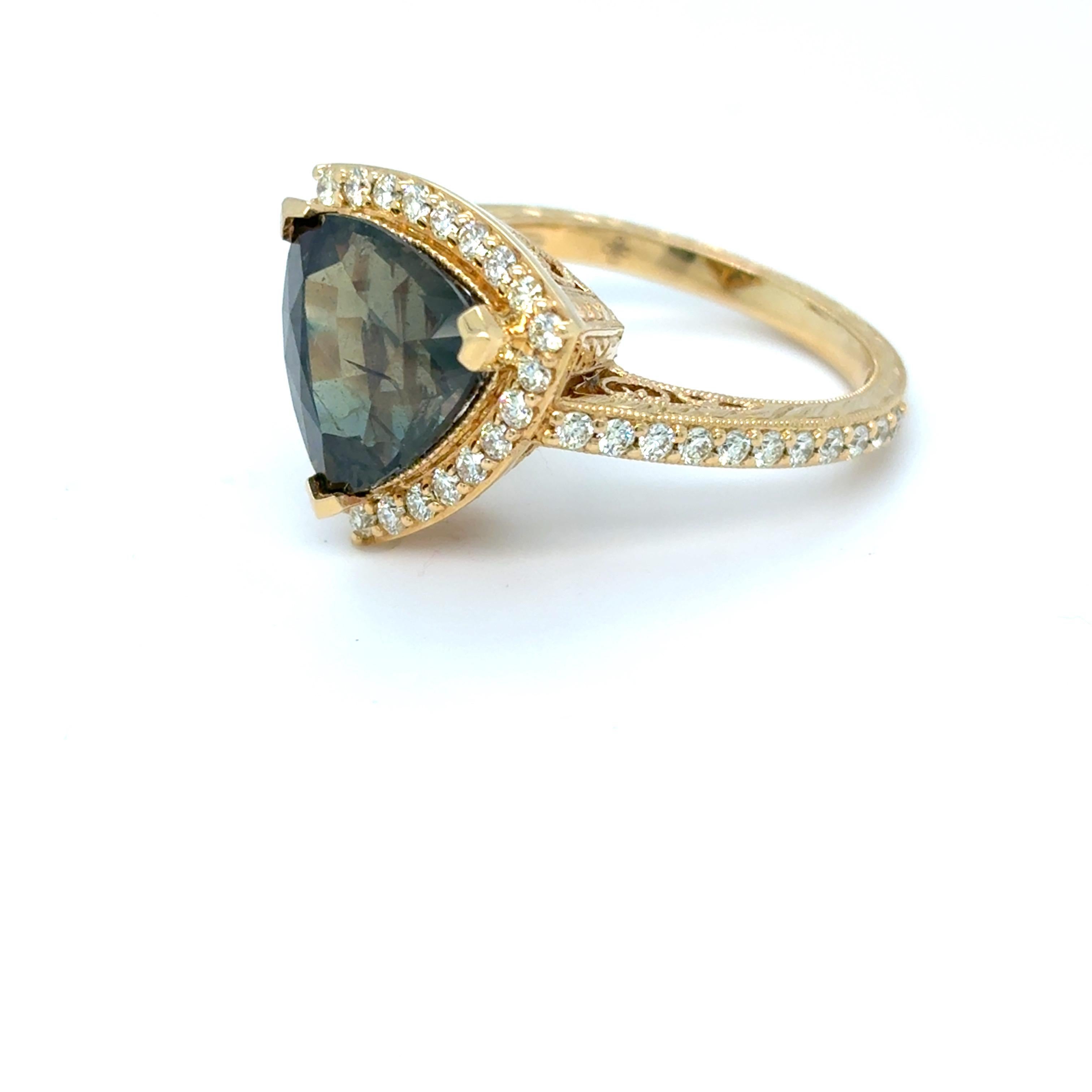 GIA Certified 5.89 Carat Triangular Cut No Heat Green Sapphire Diamond Ring For Sale 8