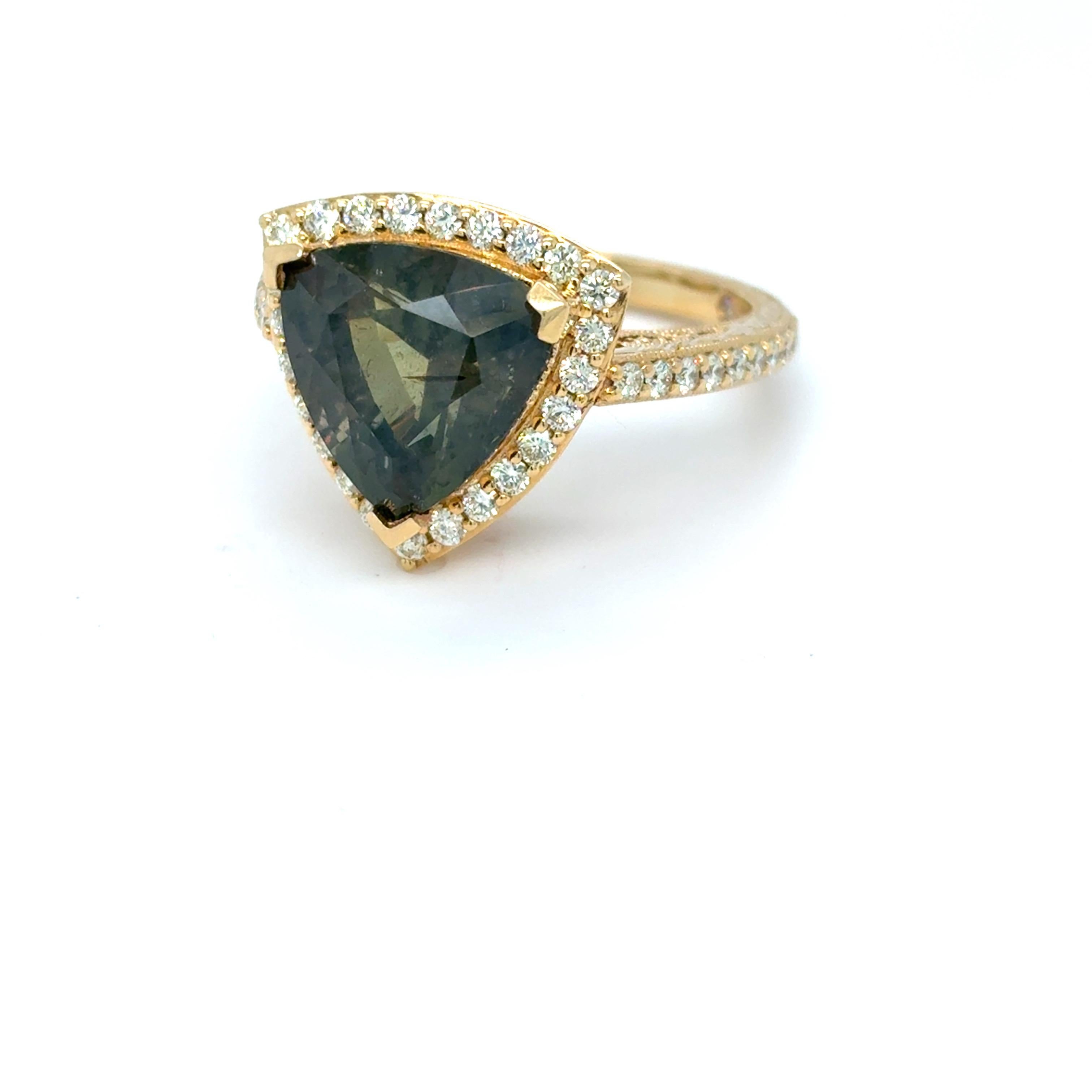 GIA Certified 5.89 Carat Triangular Cut No Heat Green Sapphire Diamond Ring For Sale 9