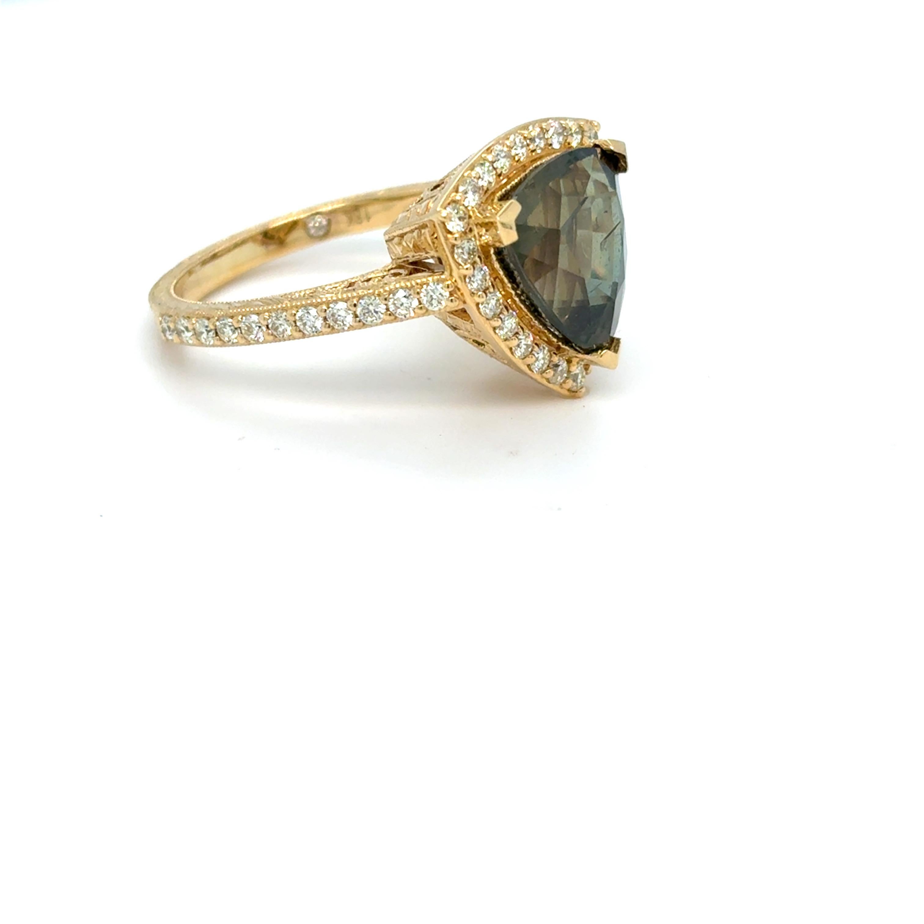 Artisan GIA Certified 5.89 Carat Triangular Cut No Heat Green Sapphire Diamond Ring For Sale