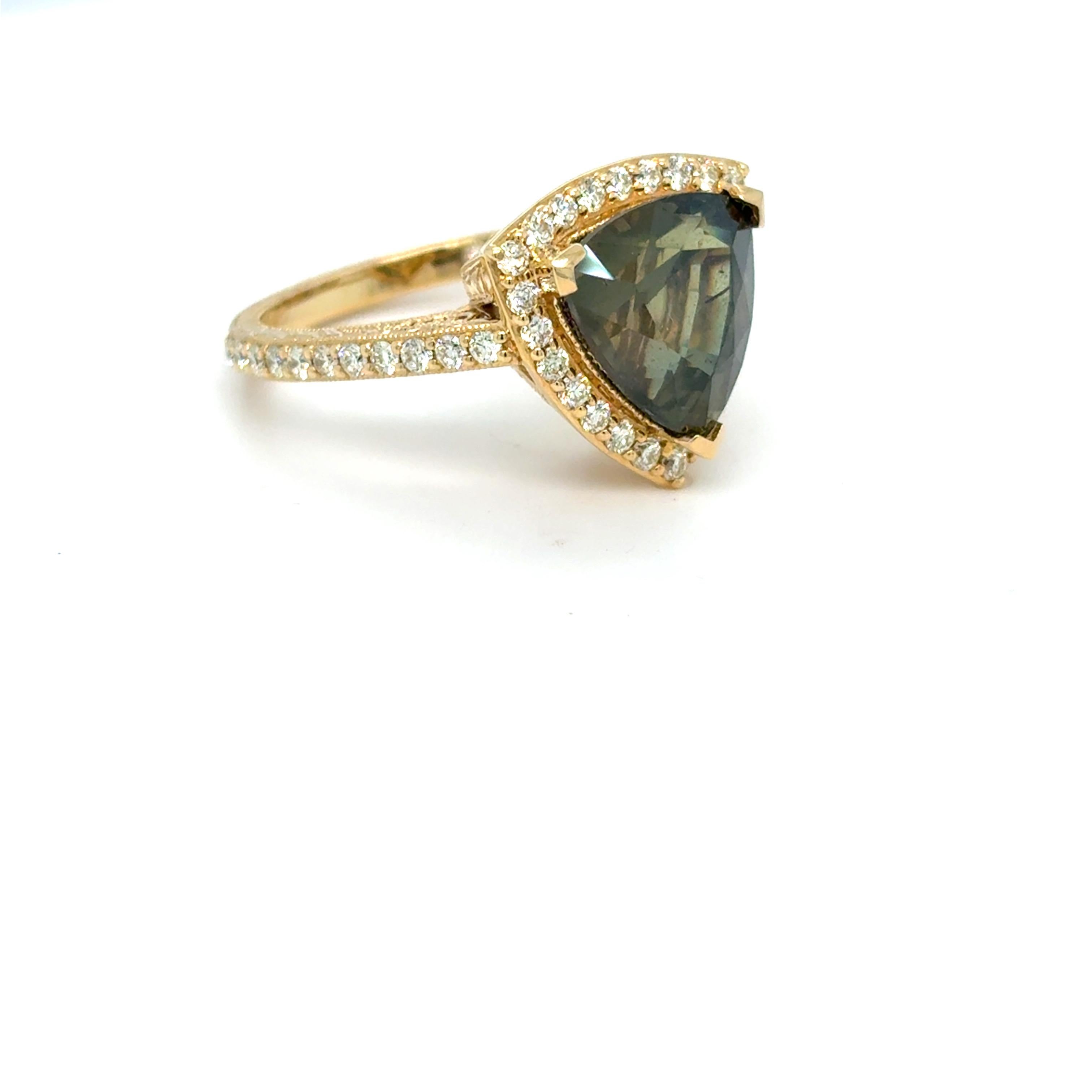 GIA Certified 5.89 Carat Triangular Cut No Heat Green Sapphire Diamond Ring For Sale 1