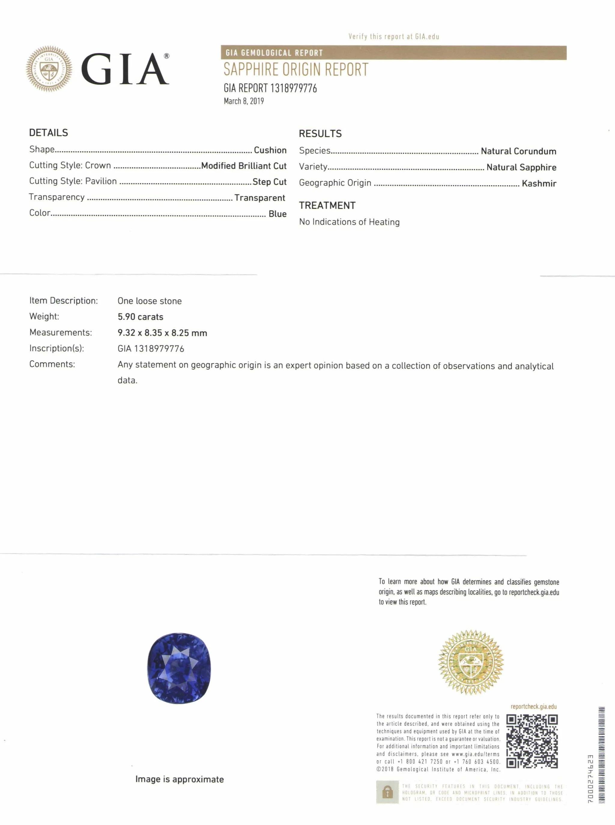 GIA Certified 5.90 Carat Cushion Blue No Heat Kashmir Sapphire Ring In New Condition For Sale In Chicago, IL