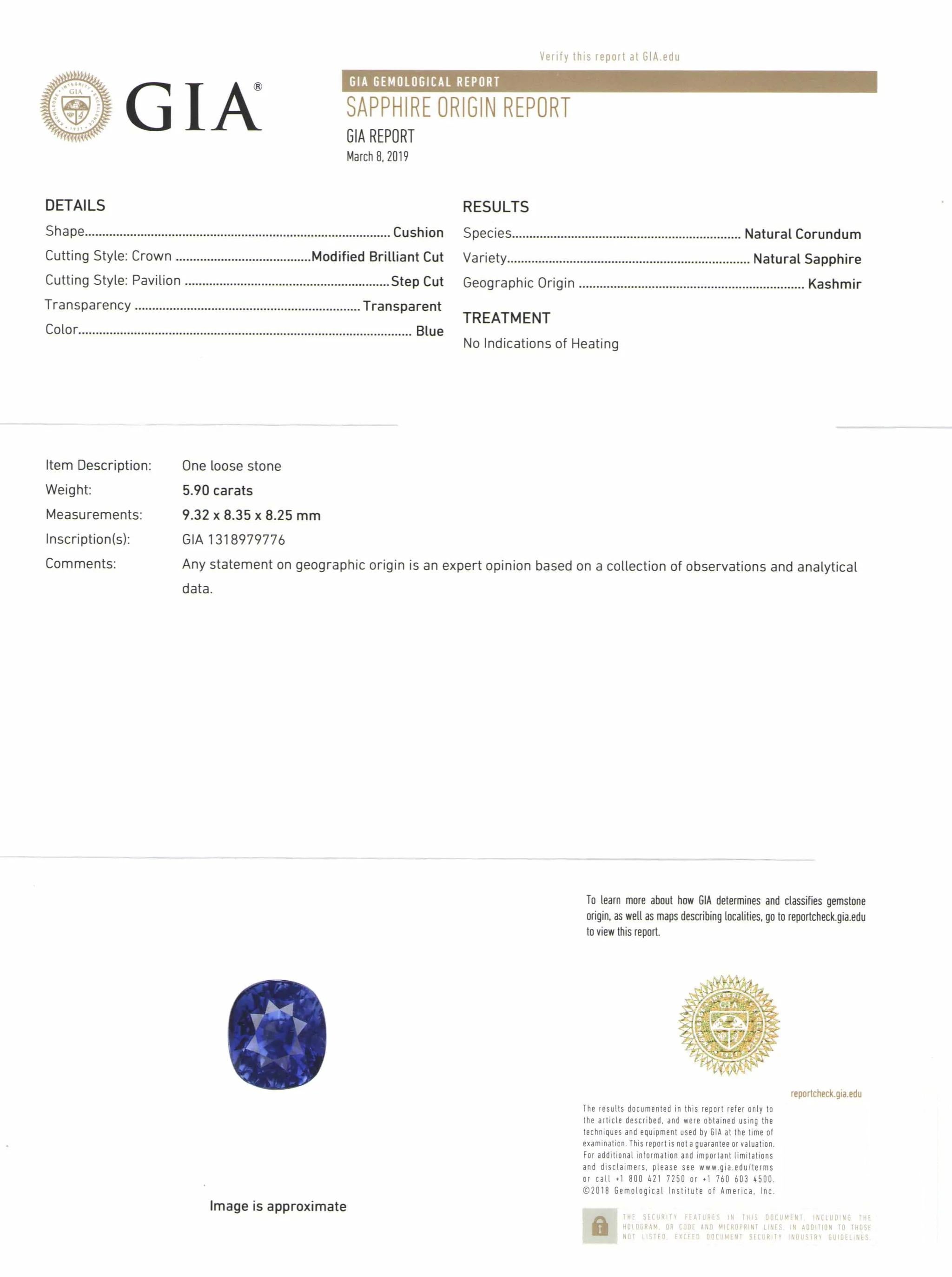 Modern GIA Certified 5.90 Carat Cushion Blue No Heat Kashmir Sapphire Stone For Sale