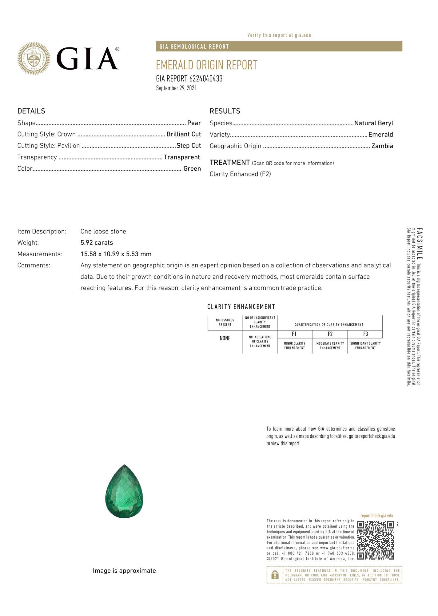 GIA Certified 5.92 Carat Pear Green Emerald Baguette Platinum &18Kg Diamond Ring In New Condition For Sale In San Francisco, CA