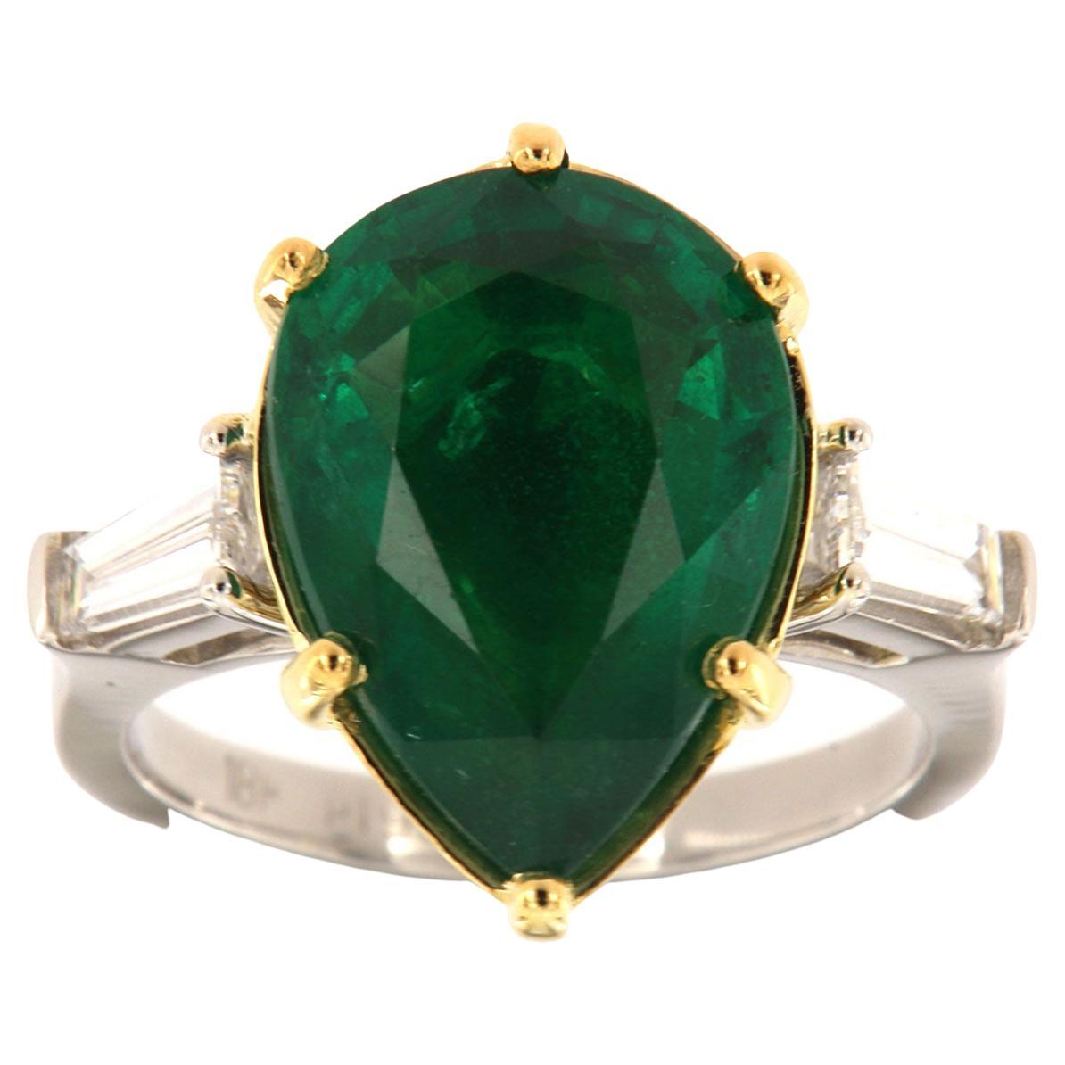 GIA Certified 5.92 Carat Pear Green Emerald Baguette Platinum &18Kg Diamond Ring