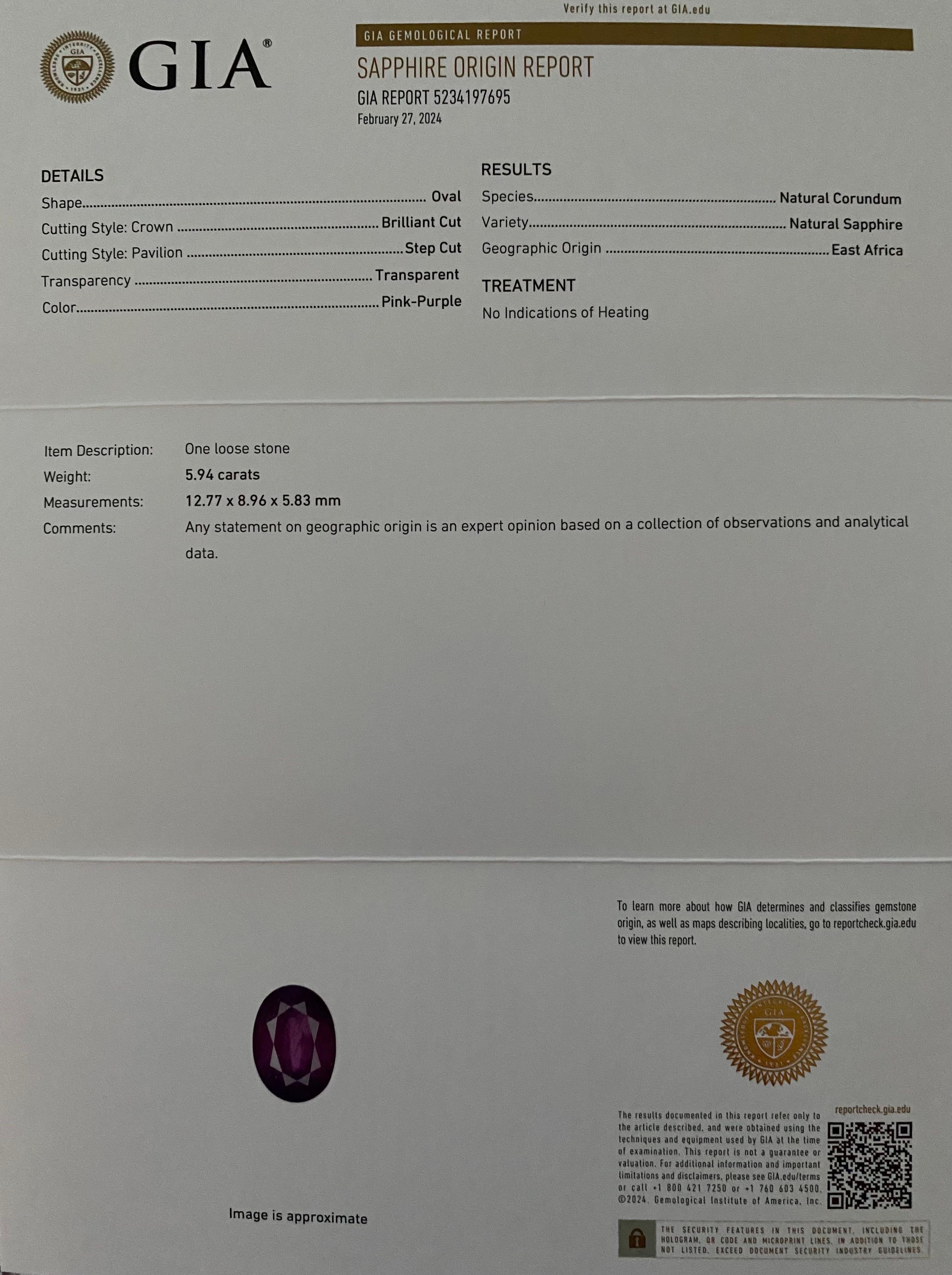 GIA zertifiziert 5,94 Karat Oval Form natürlichen rosa lila Saphir lose Edelstein im Angebot 13