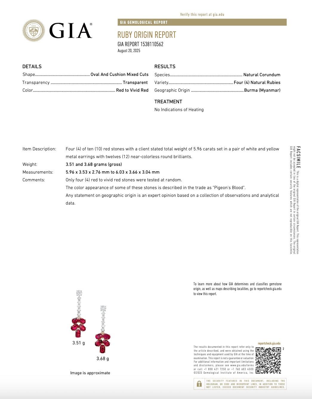 GIA Certified 5.96 Carat Burma No Heat Pigeon Blood Ruby and Diamond Earrings Damen im Angebot