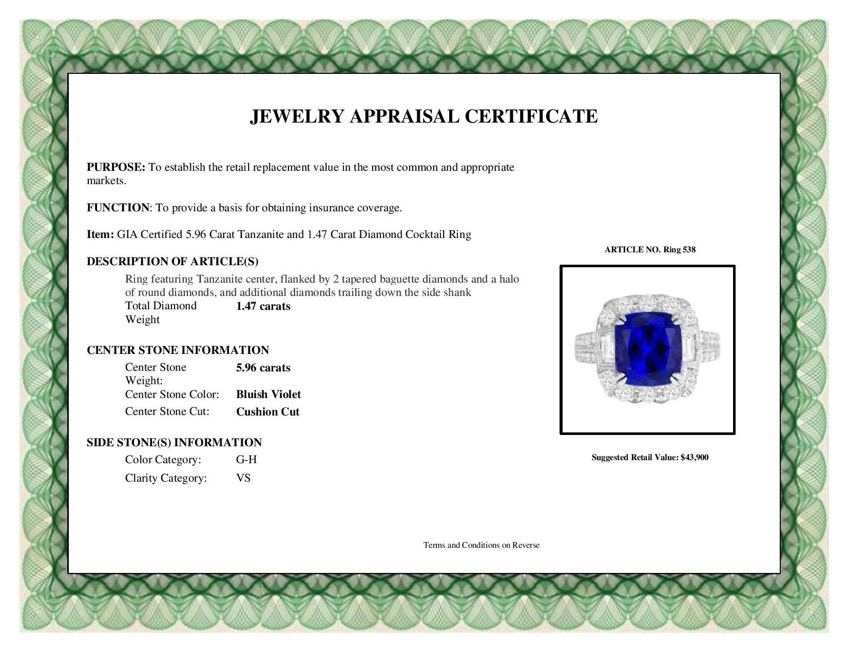 DiamondTown GIA Certified 5.96 Carat Tanzanite and 1.47 Carat Diamond Ring 2