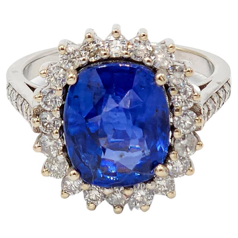 GIA Certified 5.18 Carat Velvet Blue Sapphire Ring with Diamonds in 18k Gold For Sale