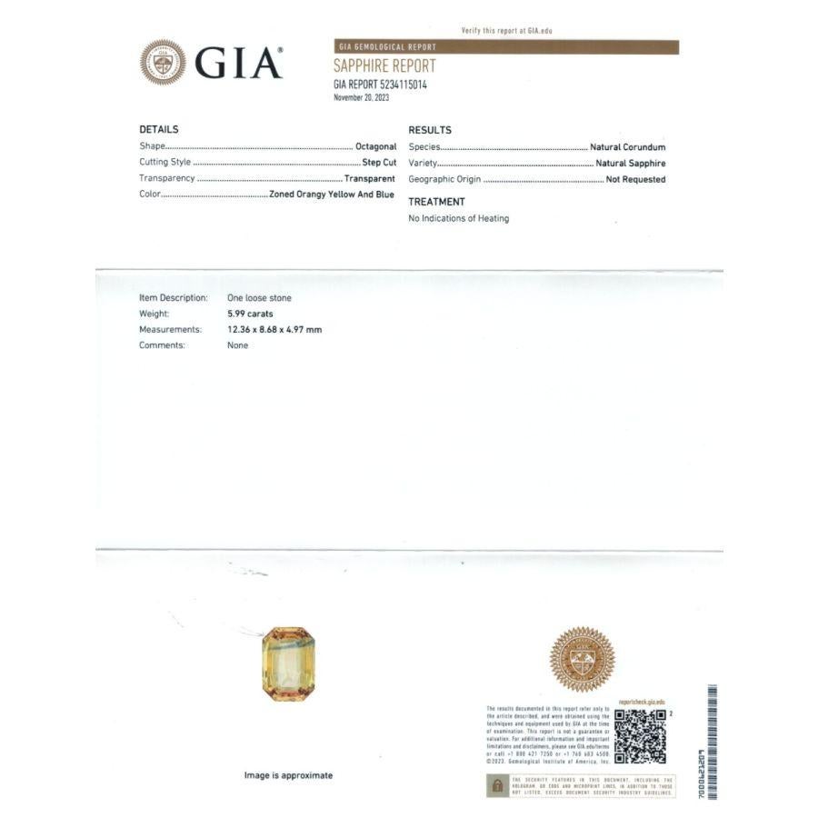 This Natural Orangy Yellow Blue Sapphire, weighing 5.99 carats, is accompanied by a GIA Report for authenticity. The octagonal-shaped gem, with measurements of 12.36 x 8.68 x 4.97 mm, features a Brilliant/Step cut that enhances its allure. Its