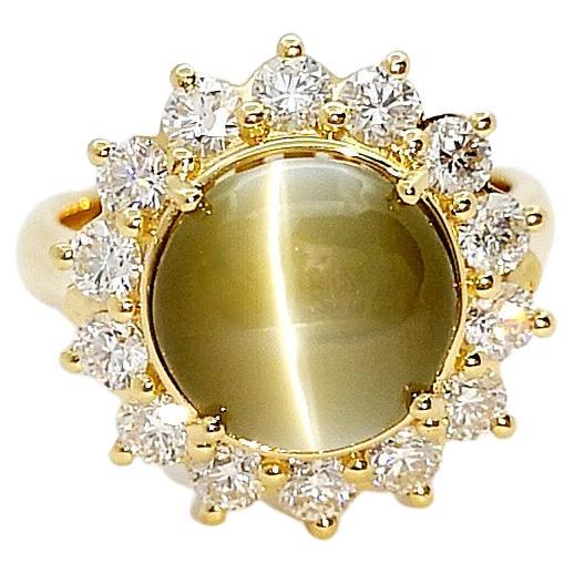 GIA Certified 5cts Chrysoberyl Cat's Eye with Diamond Ring set in 18K Gold  For Sale