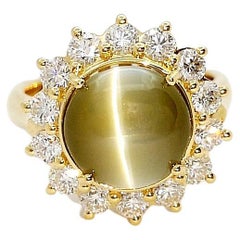 Bague en or 18 carats, certifiée GIA, œil de chat en chrysobéryl 5 carats et diamants 