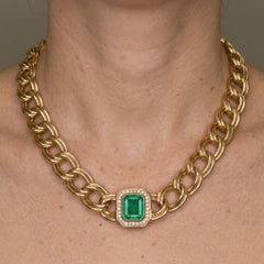 GIA Certified 6 Carat Colombian Emerald Diamond 14k Gold Link Necklace