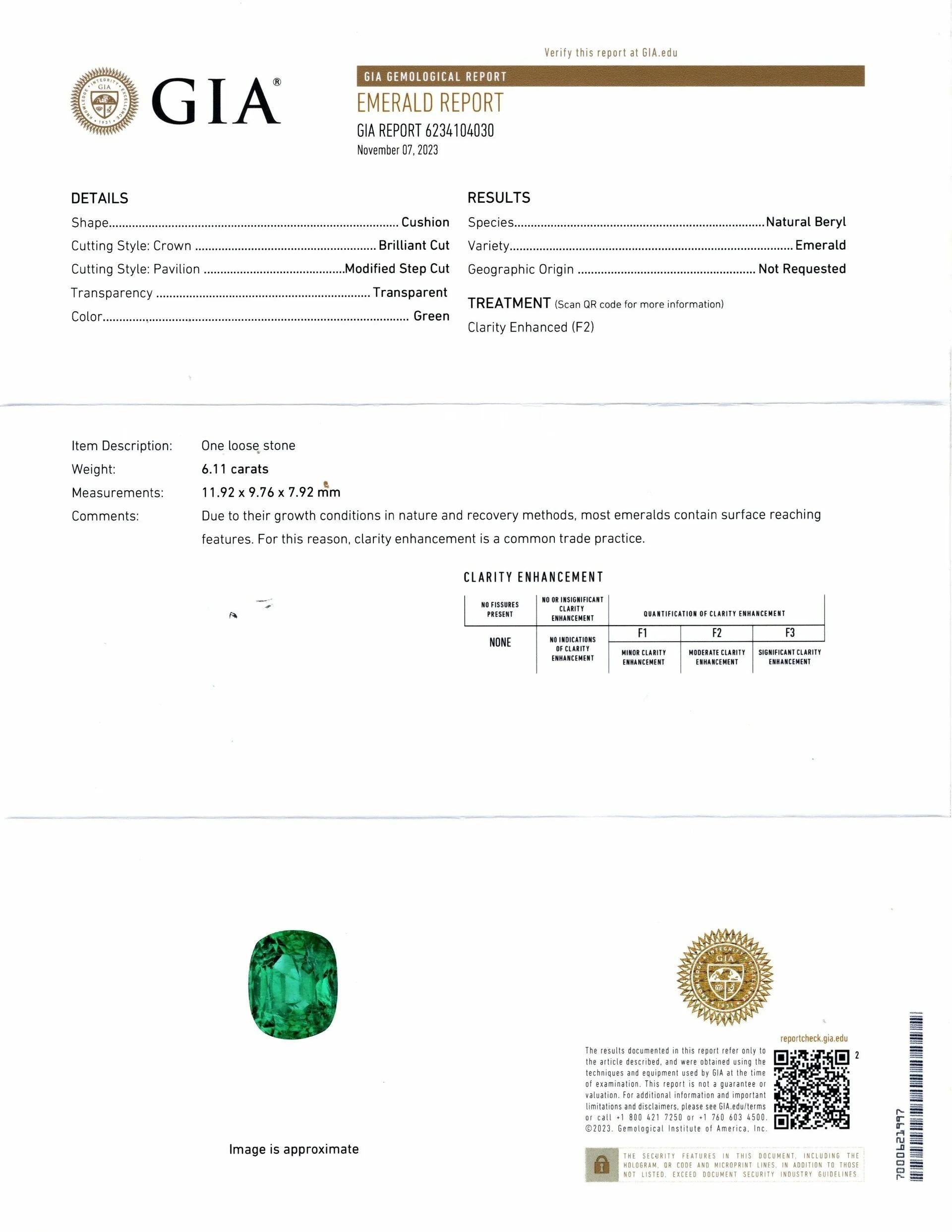 Women's or Men's GIA Certified 6.11 Carat Cushion Cut Green Emerald Ring For Sale