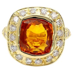 GIA Certified 6 Carat Cushion Cut Orange Sapphire Diamond Halo 18K Gold Ring