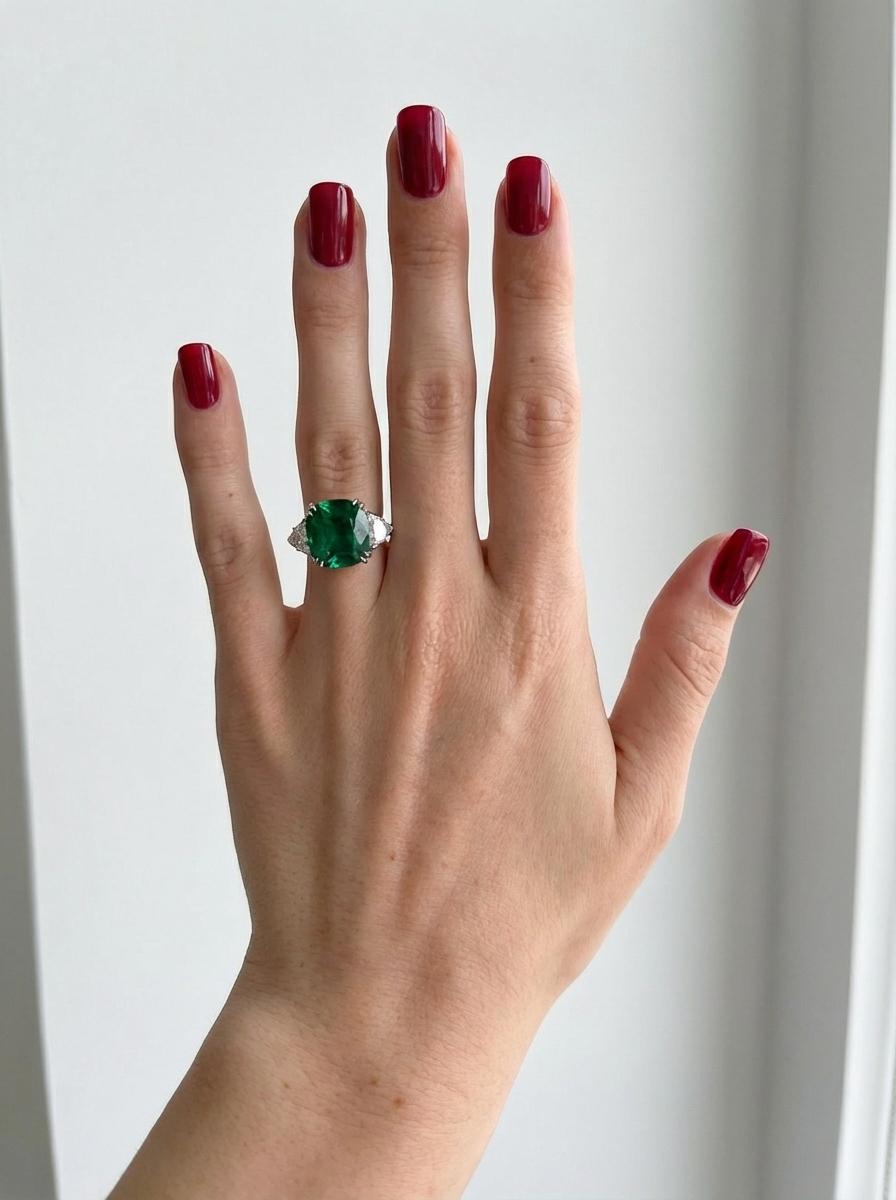 Dieser exquisite Platinring präsentiert einen bemerkenswerten, vom GIA zertifizierten 6-karätigen Smaragd im Kissenschliff sambischen Ursprungs, der sich durch einen lebhaften, satten Grünton und außergewöhnliche Transparenz auszeichnet. Der Smaragd