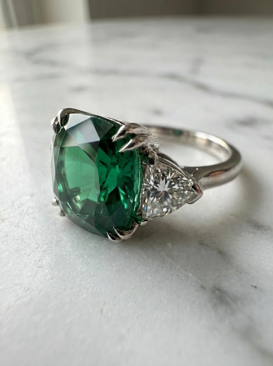 GIA-zertifiziert 6 Karat Kissenschliff sambischen Smaragd und Diamant-Platin-Ring (Zeitgenössisch) im Angebot