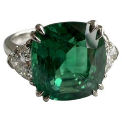 Bague en platine certifiée GIA avec émeraude zambienne et diamant de 6 carats taille coussin