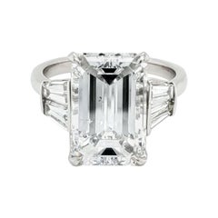 GIA Certified 6 Carat Emerald Cut Diamond and Tapered Baguette Diamond Plat Ring
