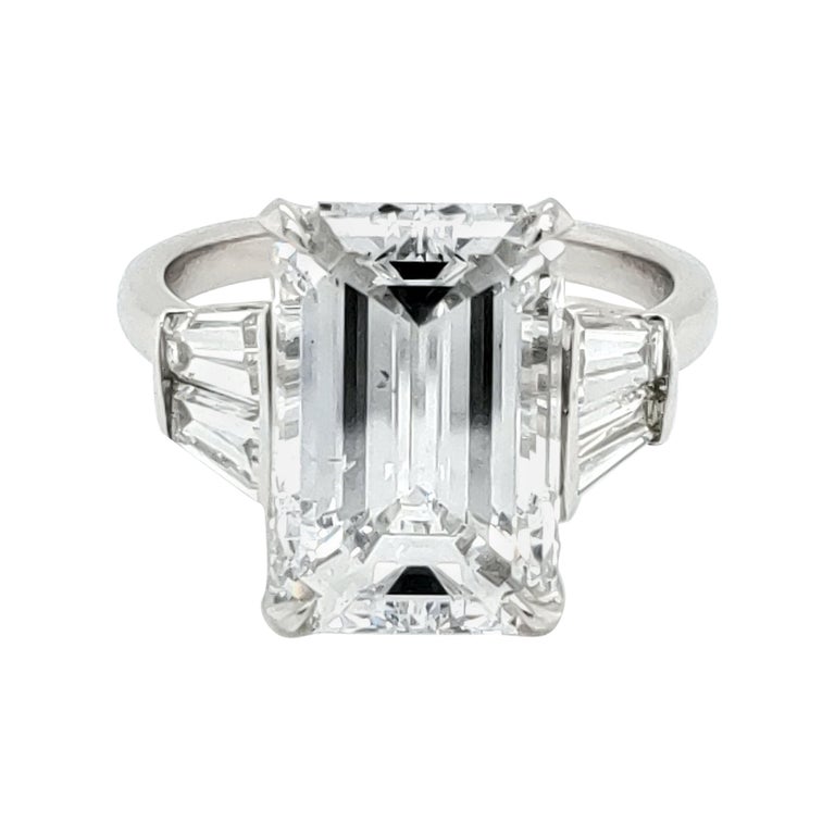 GIA Certified 6 Carat Emerald Cut Diamond and Tapered Baguette Diamond