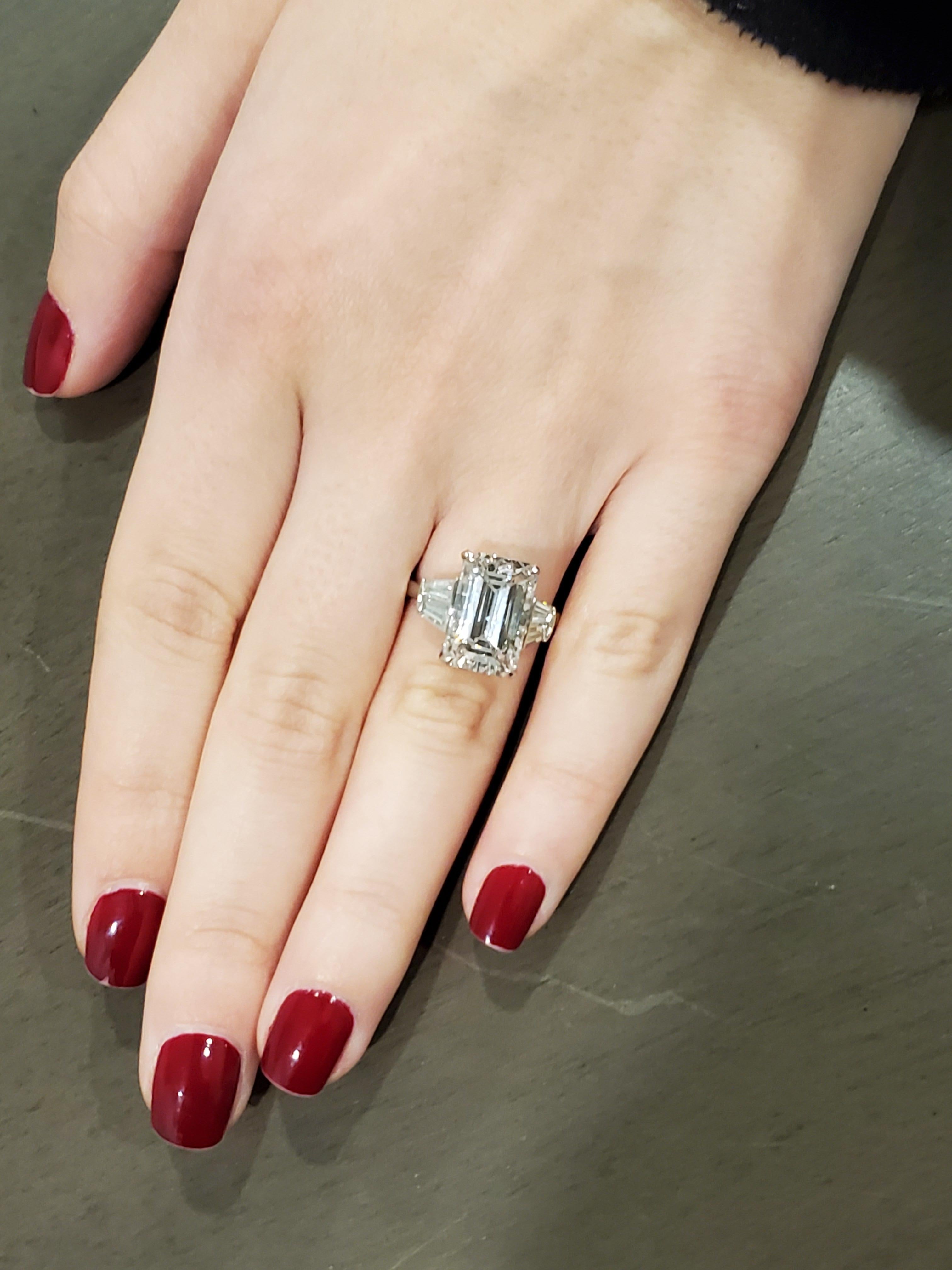 Artisan GIA Certified 6 Carat Emerald Cut Diamond and Tapered Baguette Diamond Plat Ring
