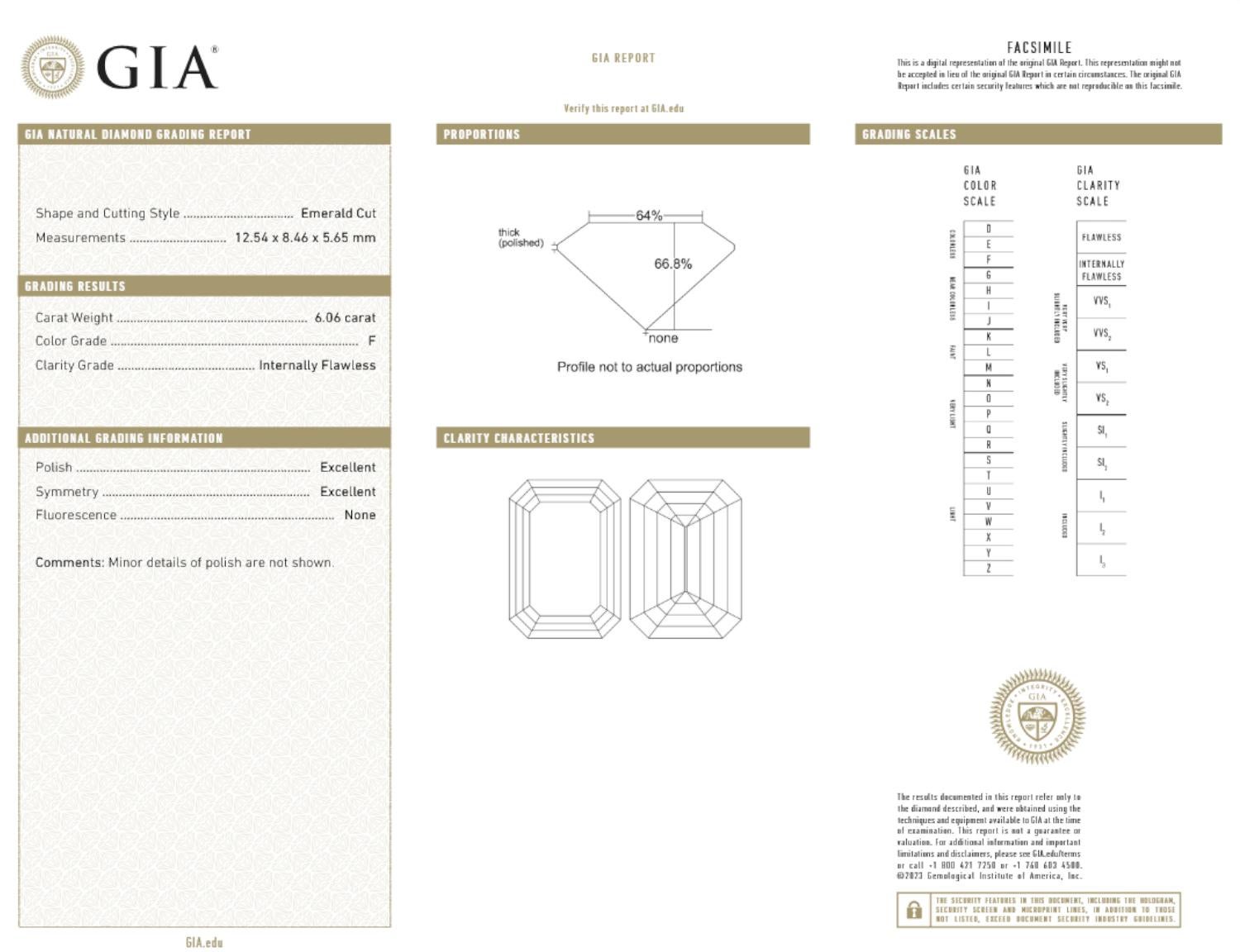 GIA Certificado 6 Quilates Corte Esmeralda F Anillo de Platino con Diamantes Internamente Intachables en Nuevo estado para la venta en Chicago, IL