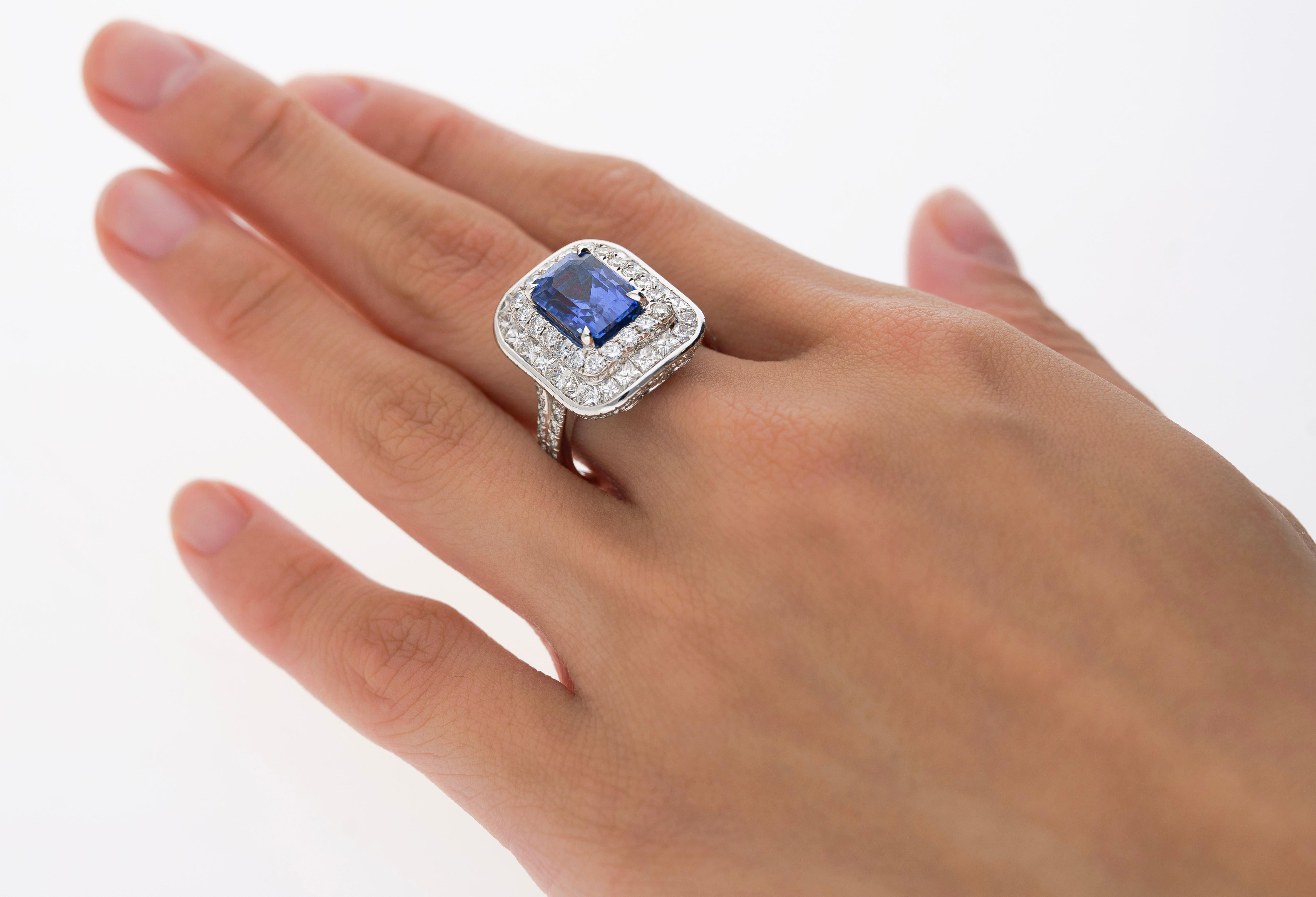 GIA Certified 6 Carat Emerald Cut No Heat Burma Blue Sapphire & Diamond Ring For Sale 2