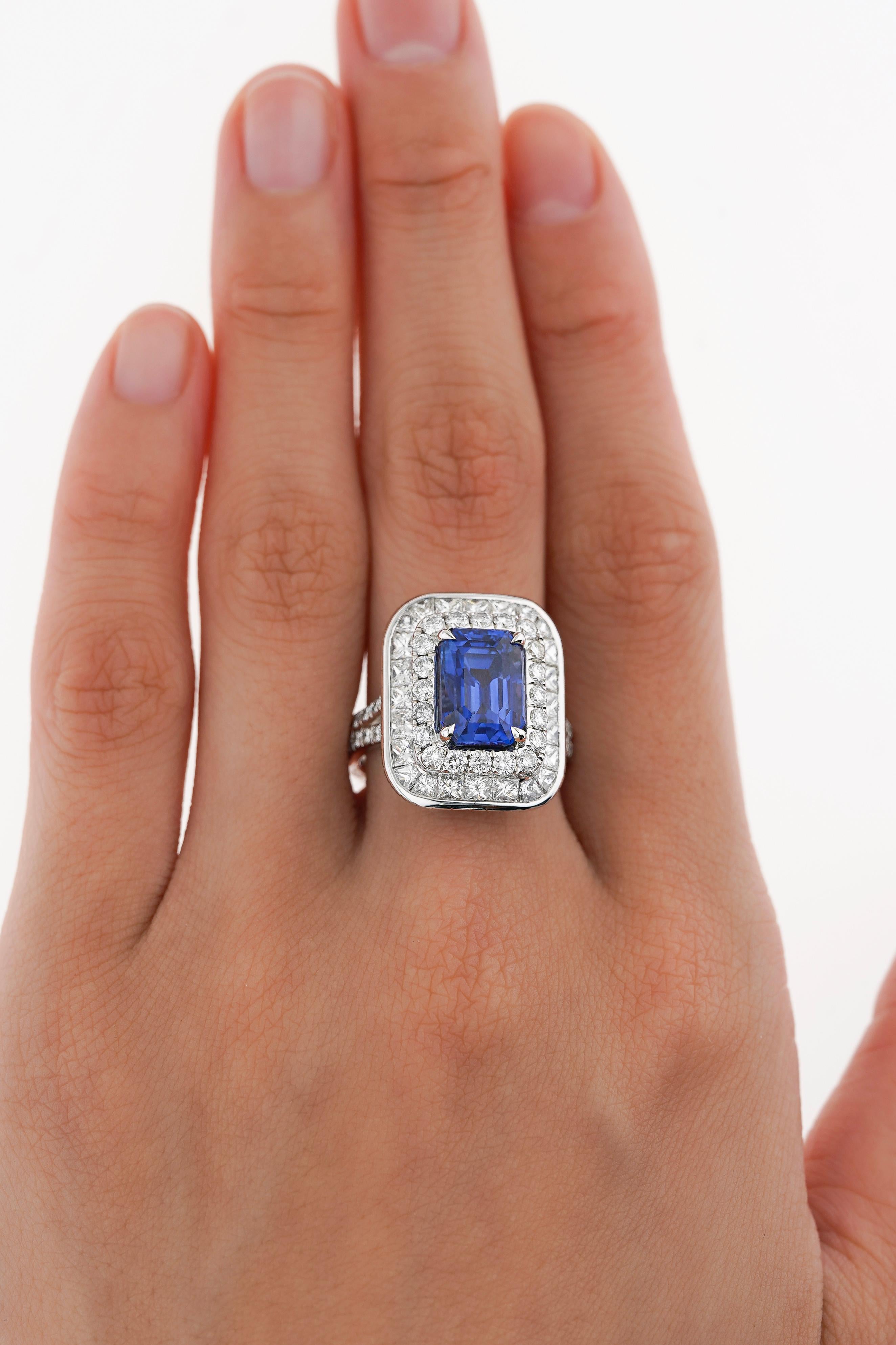 GIA Certified 6 Carat Emerald Cut No Heat Burma Blue Sapphire & Diamond Ring For Sale 3