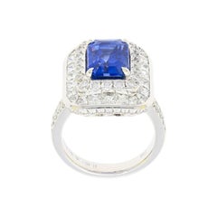 GIA Certified 6 Carat Emerald Cut No Heat Burma Blue Sapphire & Diamond Ring