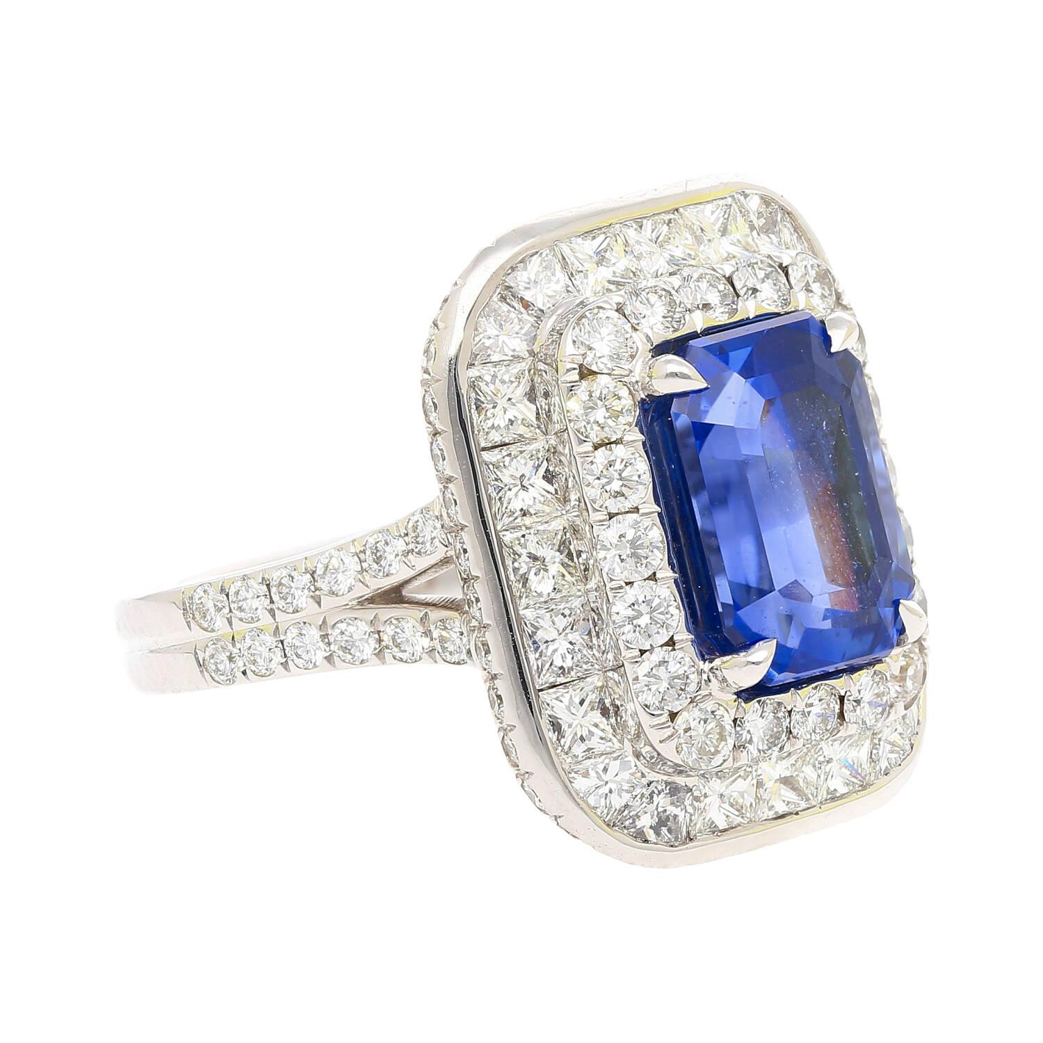 Modern GIA Certified 6 Carat Emerald Cut No Heat Burma Blue Sapphire & Diamond Ring For Sale