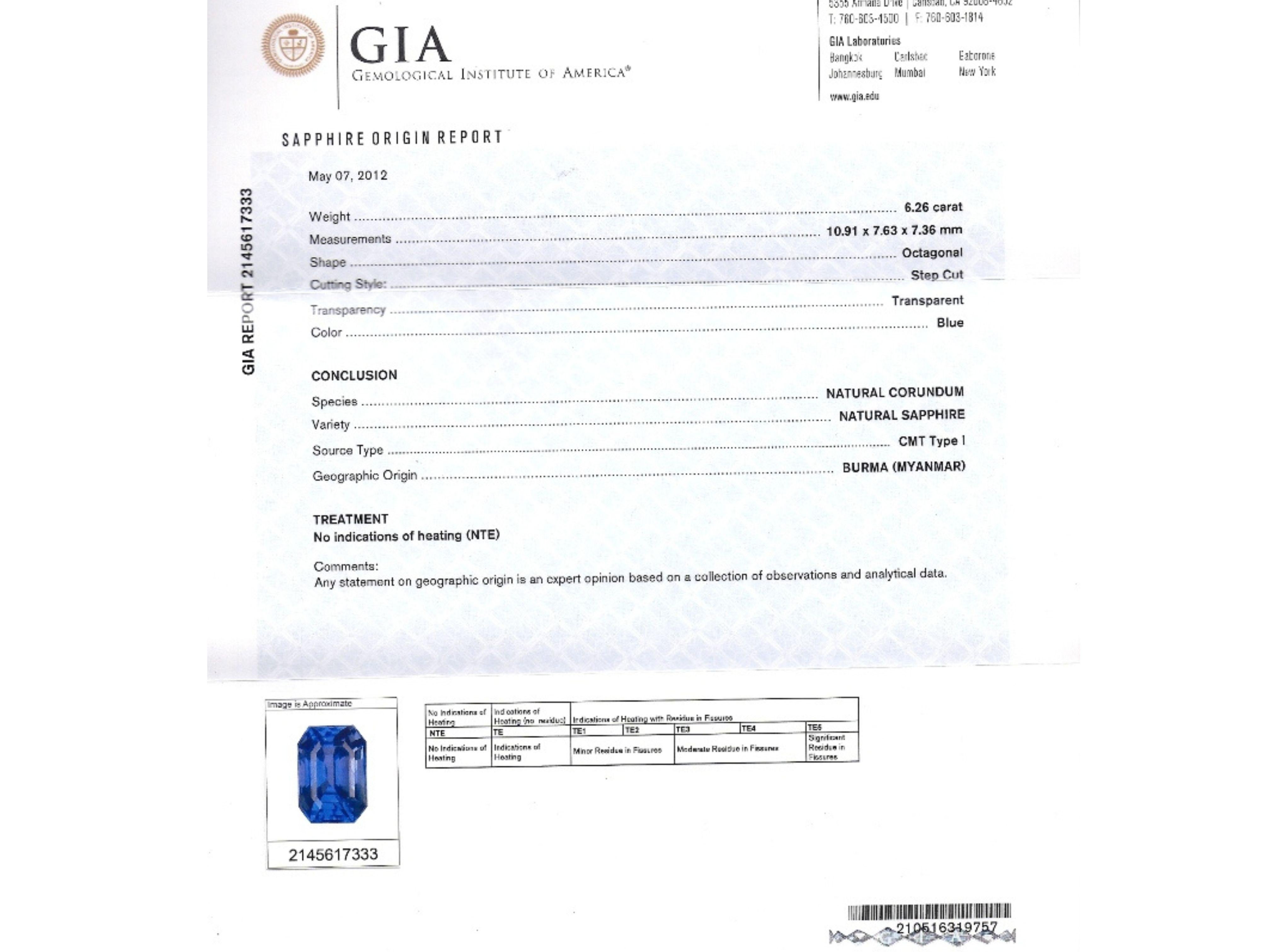 GIA Certified 6 Carat Emerald Cut No Heat Burma Blue Sapphire & Diamond Ring For Sale 4