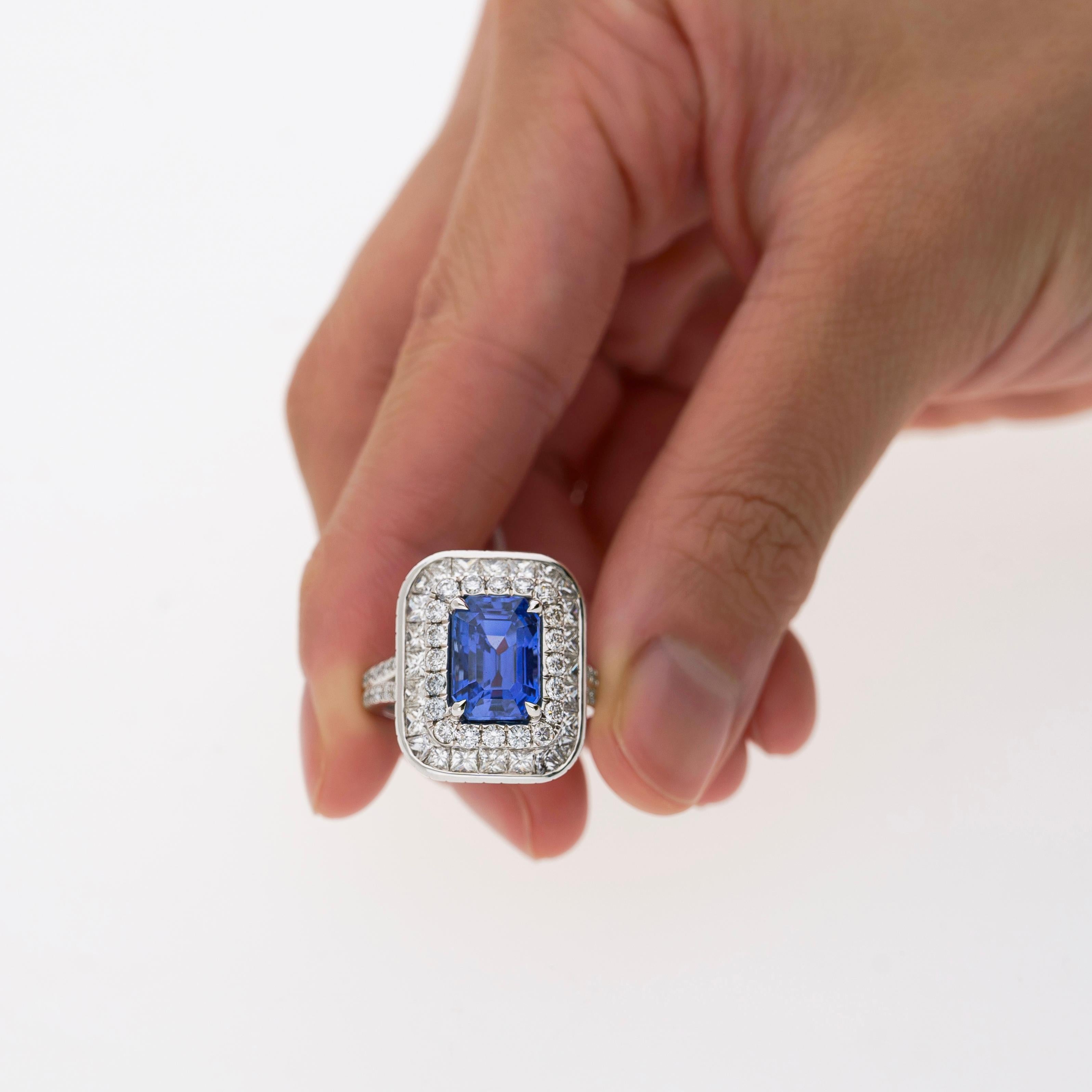 GIA Certified 6 Carat Emerald Cut No Heat Burma Blue Sapphire & Diamond Ring In New Condition For Sale In Miami, FL