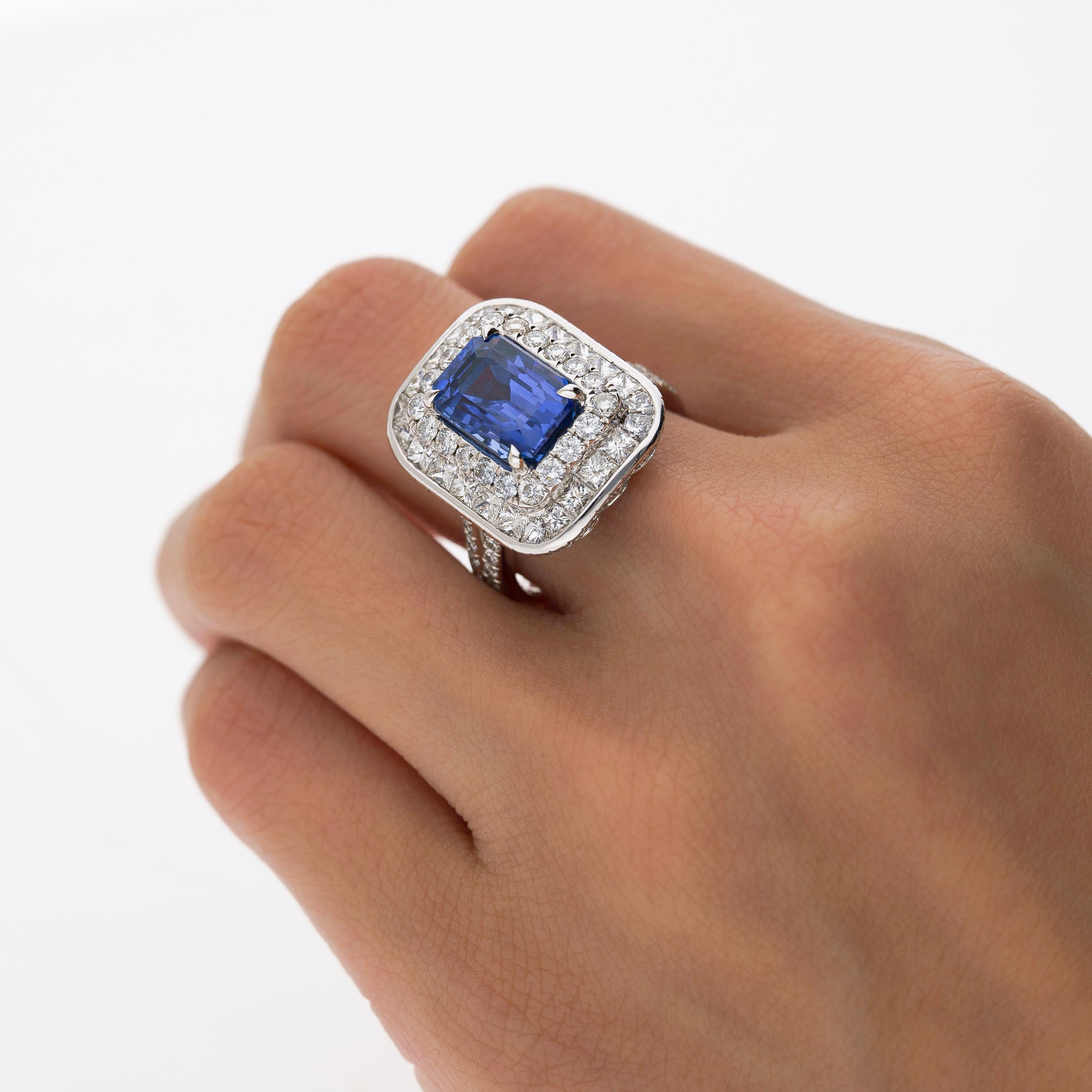 Women's GIA Certified 6 Carat Emerald Cut No Heat Burma Blue Sapphire & Diamond Ring For Sale