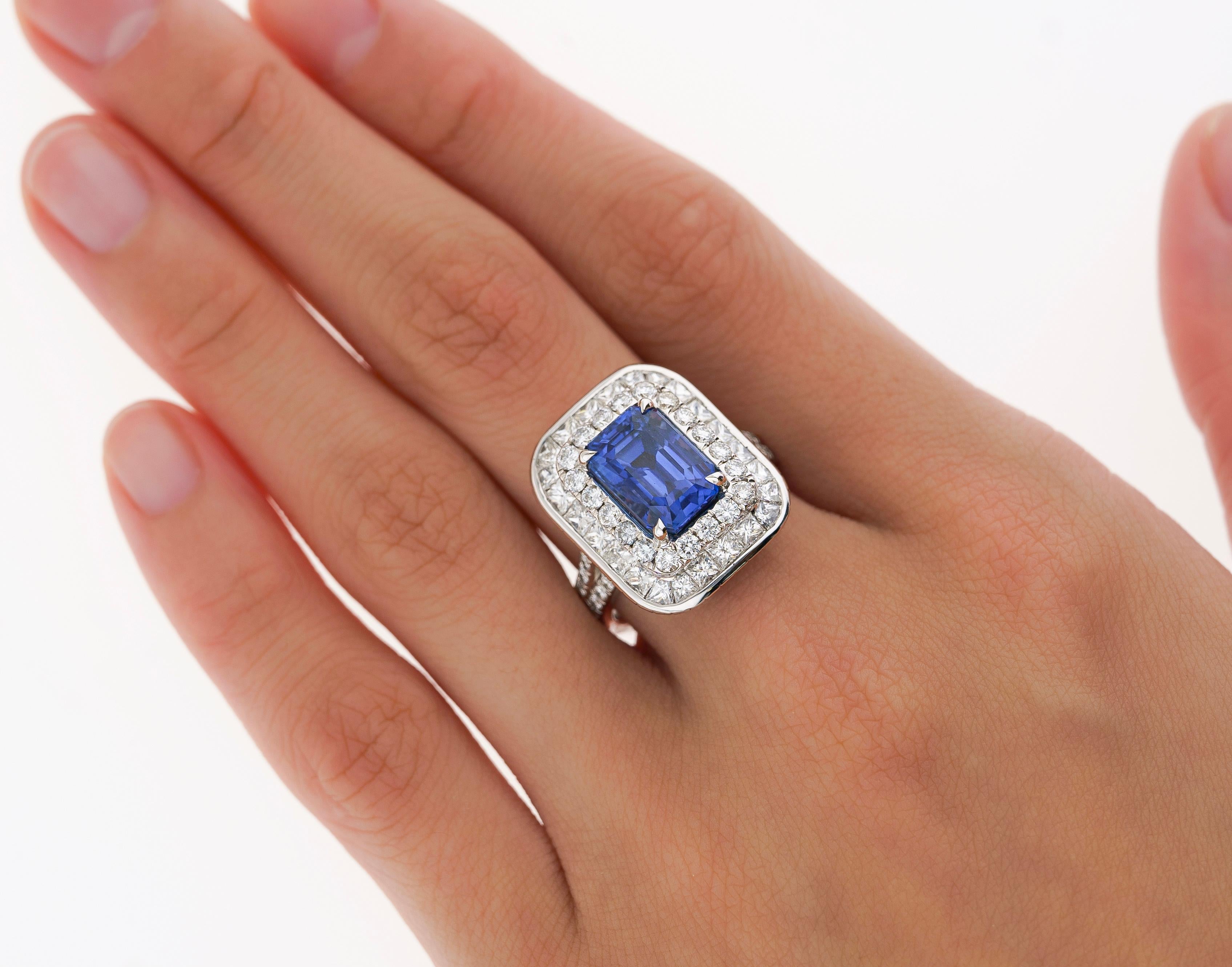 GIA Certified 6 Carat Emerald Cut No Heat Burma Blue Sapphire & Diamond Ring For Sale 1