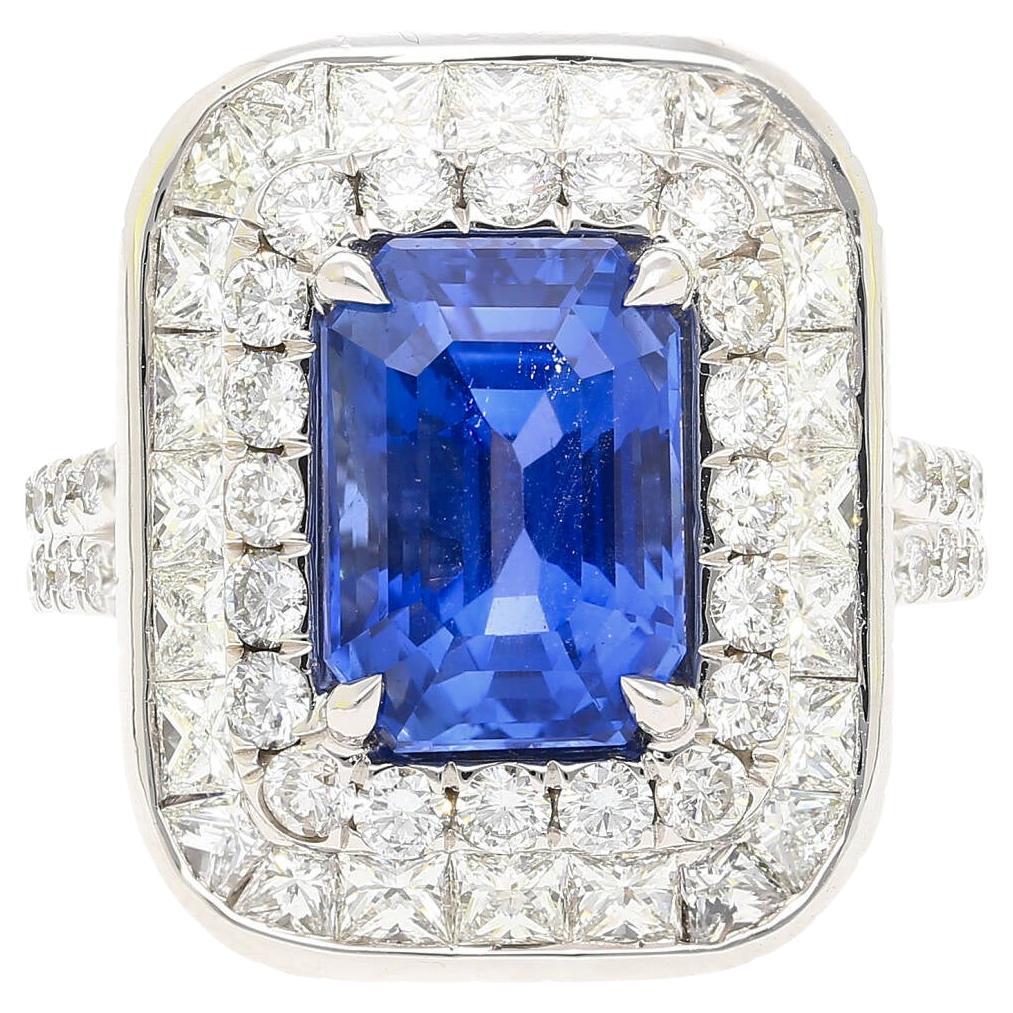 GIA Certified 6 Carat Emerald Cut No Heat Burma Blue Sapphire & Diamond Ring