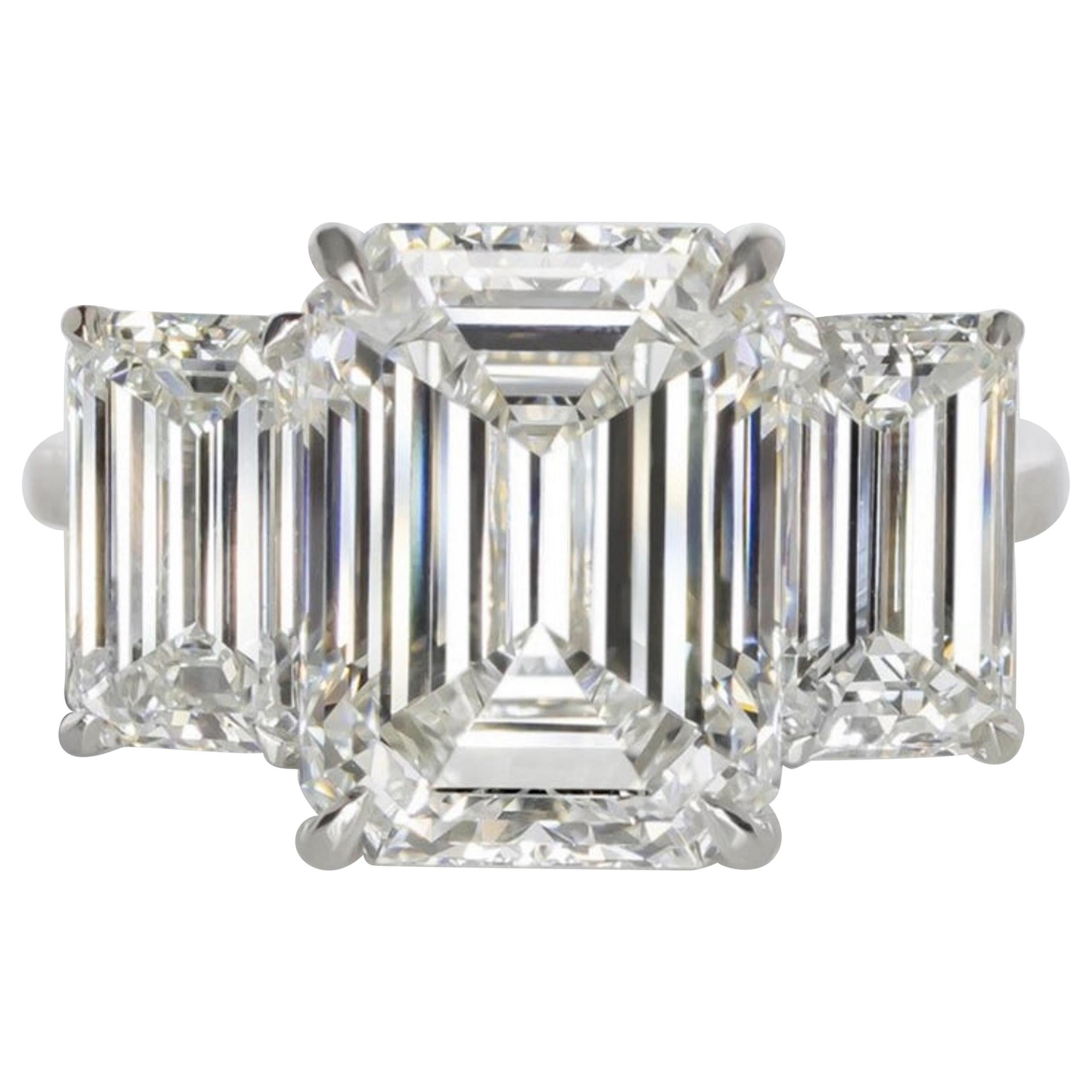 GIA Certified 7 Carat Engagement Three Stone Emerald Cut Diamond Platinum Ring