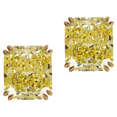 GIA Certified 6 Carat Fancy Intense Yellow Cushion Cut Diamond Studs