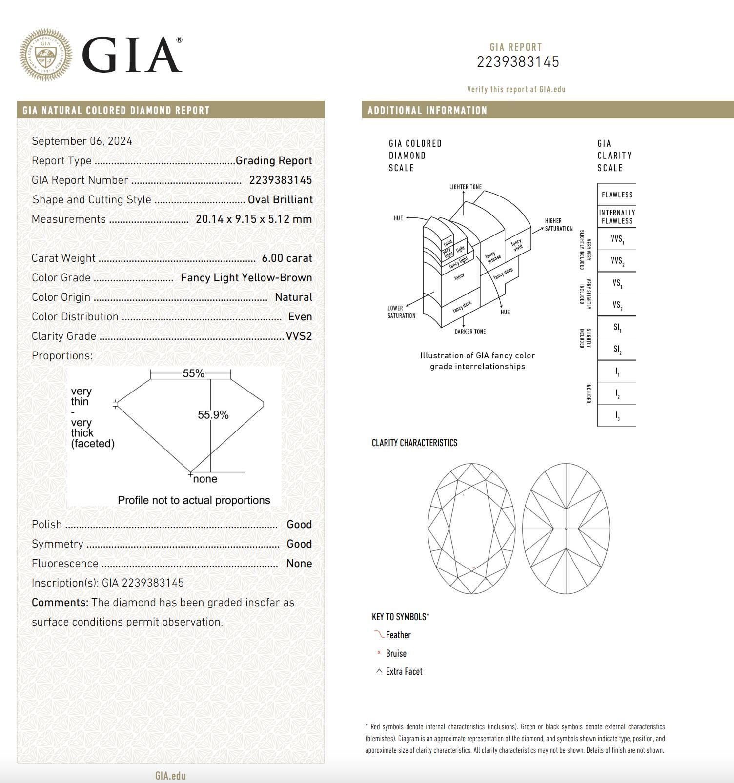 Modern GIA Certified 6 Carat Fancy Light Yellow-Brown Diamond 18K White Gold Ring For Sale