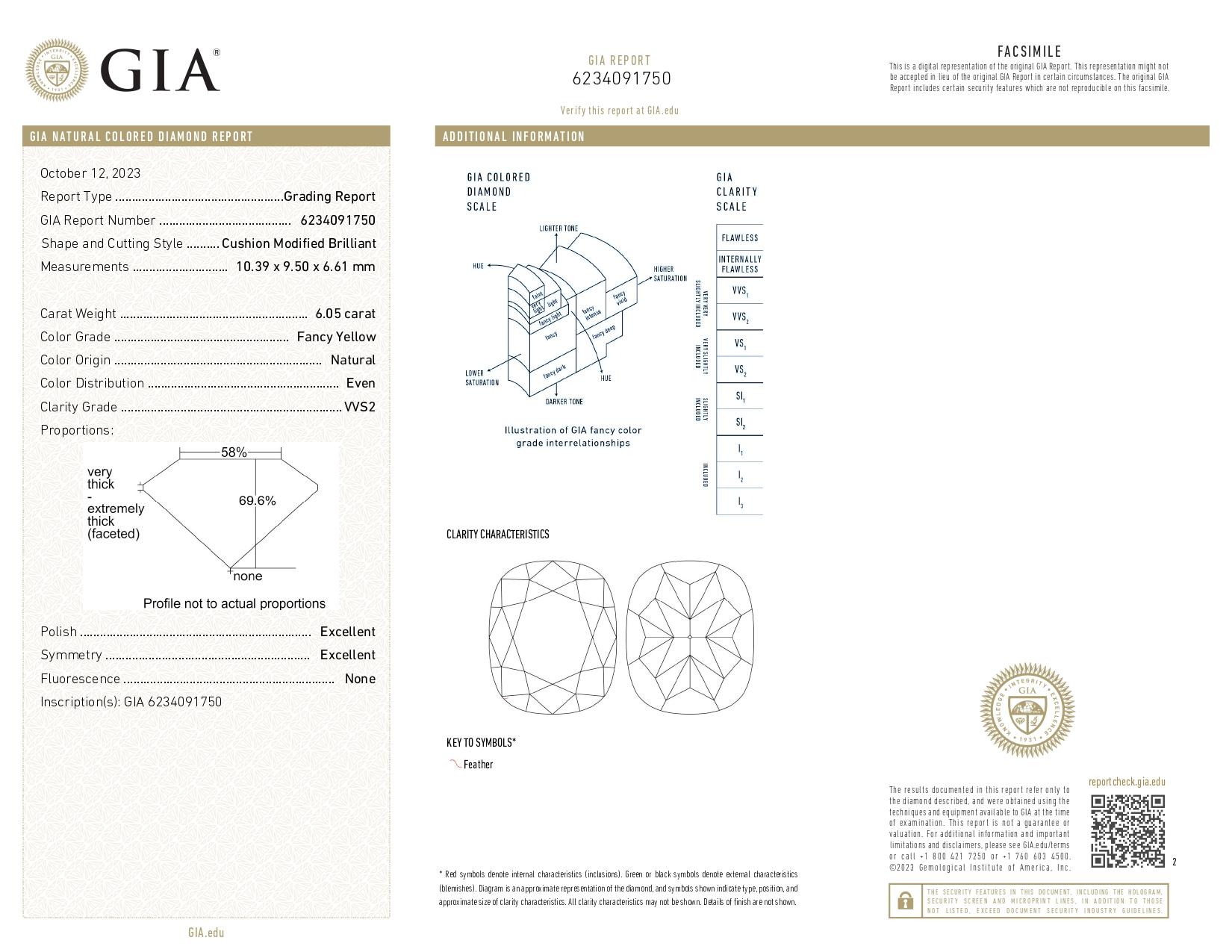 GIA Certified 6.05 Carat Fancy Yellow Cushion Cut Diamond VVS2 Clarity Ring In New Condition For Sale In Chicago, IL