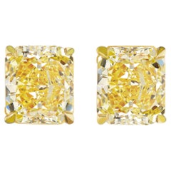 GIA Certified 6 Carat Fancy Yellow Radiant Cut Diamond 18K Gold Studs Earrings
